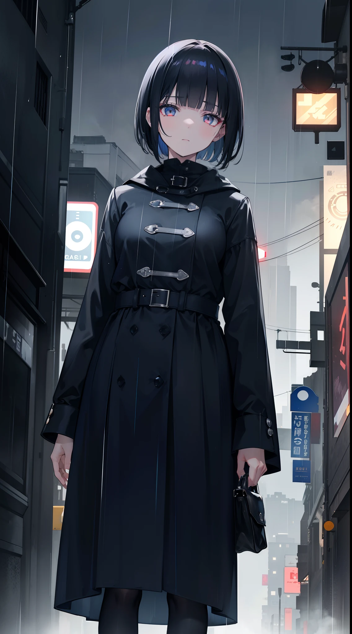 Woman in black standing in the street, On rainy nights, dim murky lights, Blue left eye, Red right eye, black hair, blunt bangs, short hair, Futurism, cinematic lighting, from below, UHD, masterpiece, ccurate, textured skin, super detail, high details, high quality, award winning, best quality, highres, 8k