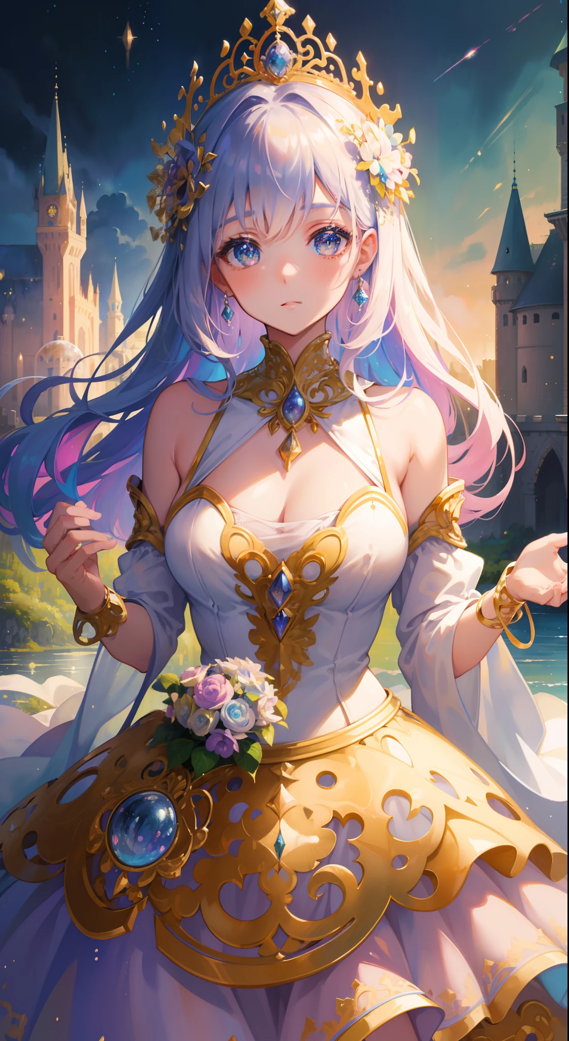 masterpiece, best quality, 8k resolution, sharp focus, intricate detail, beautiful girl, sparkling eyes, golden ratio face, otherworldly liquid, watercolor, pastel colors, bright colors, whimsical, colorful, sharp focus, high resolution, fine detail, princess layered ballgown, ((round eyes)), iridescent bubbles, castle landscape in background