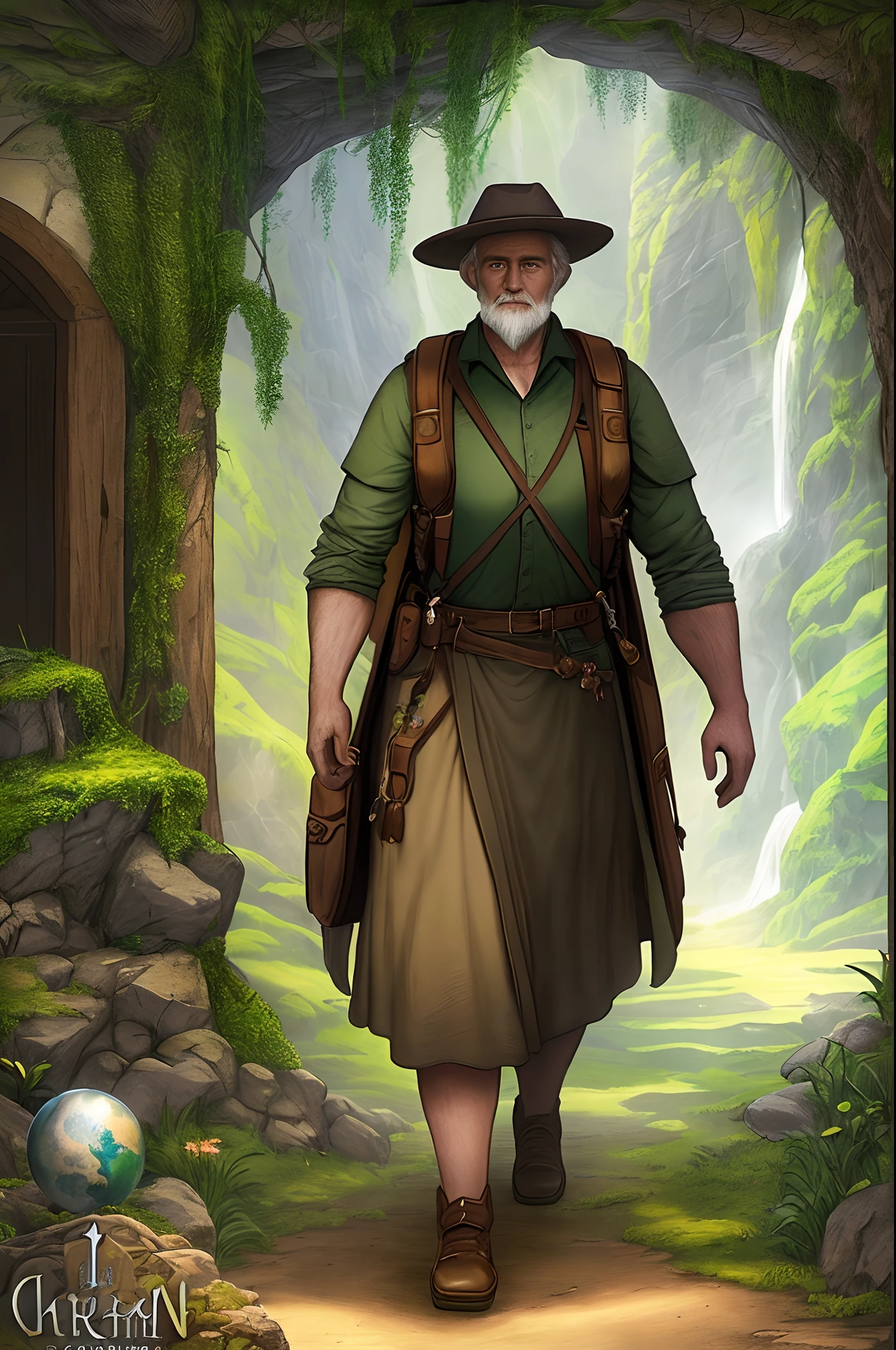 image of walk towards the entrance of the cave, mountain shade road background in detailed, old man with large backpack, super fine detail texture and skin, intricate pale brown robe, palm crystal ball in fantasy map, dark cyan and green and dark palette and brightly colored, pencils drawing, add crayons coloring, cinematic still, detailed painting, 16k, multilayered, uncharted atmosphere and effect,