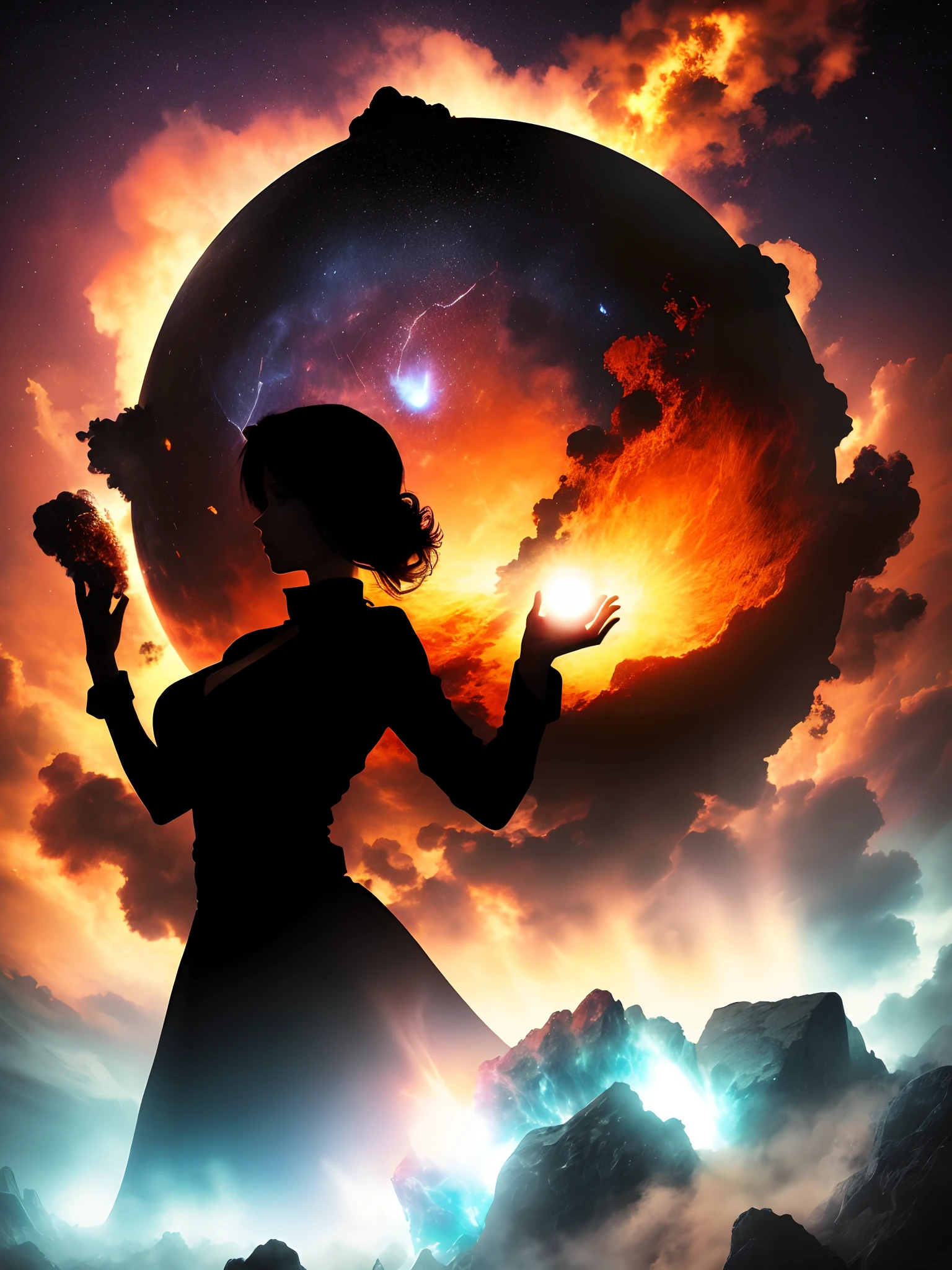 Female silhouette holding a huge meteor with her hands