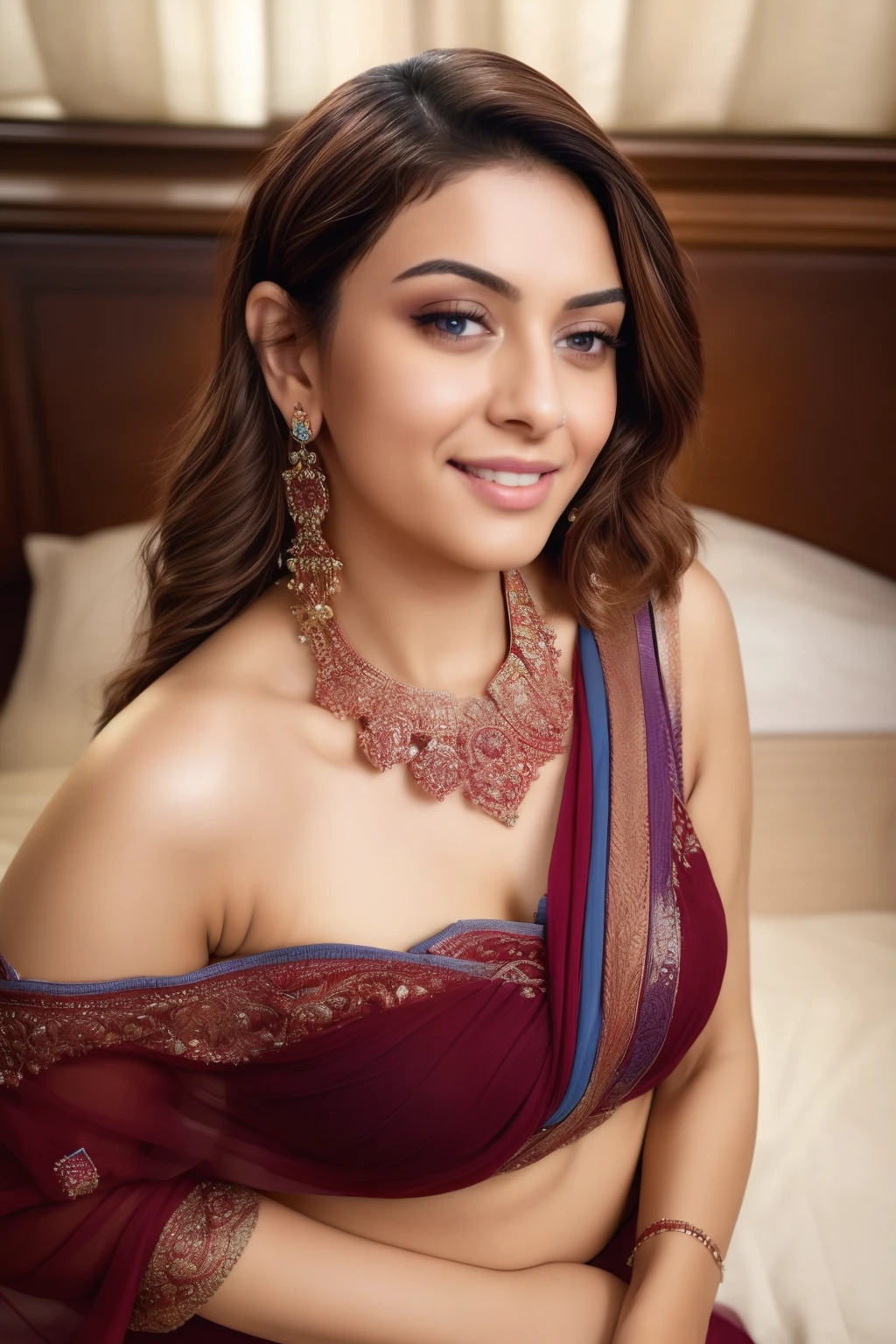 day scene, extreme close up photo of fully naked latina from top view, big cheeks, swooping breasts, chin up, kneeling in a bedroom, maroon see through bra and saree, armpits, (blue eyes:1), necklace, 30 yo, look at viewer and smile, (cinematic:1.3), intricate details, (ArtStation:1.2)