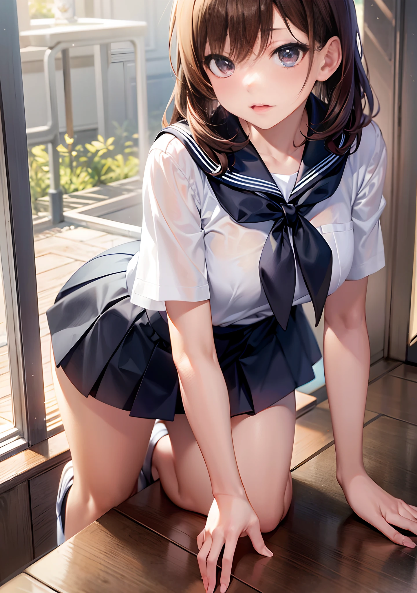 {{{Even if it becomes NSFW, it still appears1:5]]], R-18、​masterpiece、One Beautiful Girl、18 only、JK,　a sailor suit、Ultra mini skirt、No underwear、oppai、shinny skin、‎Classroom、Troubled face、Standing、Brown hair、hime-cut、Midium Hair、Bring bangs、Two Hands、Two legs、Anatomically correct body
