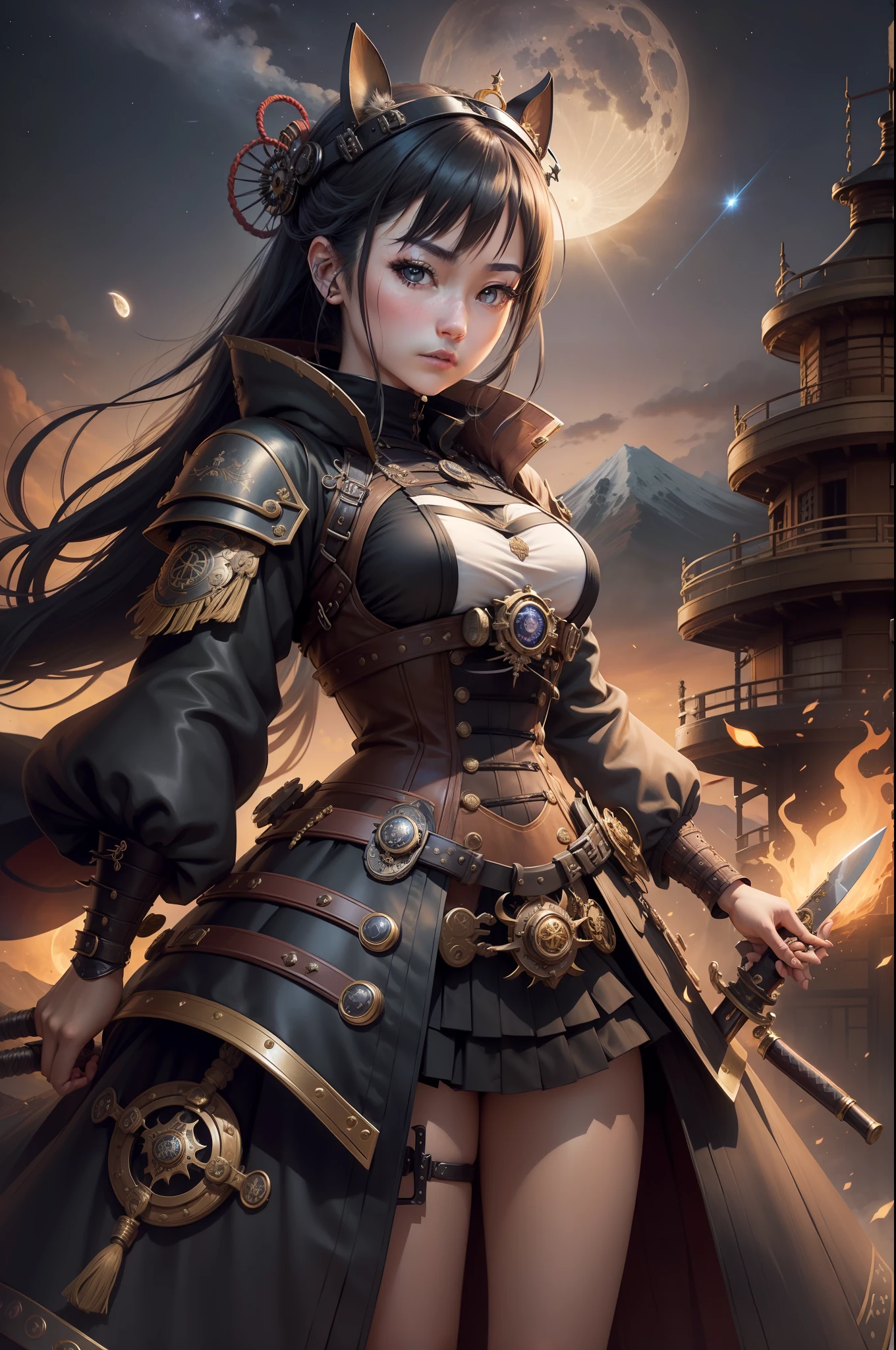 20 year old woman in steampunk style、Japan Samurai Costume、battle costume、low angles、Knives、Mountain cities、High and deep sky、starrysky、Detailed depiction、meticulous expression、Smooth depiction、Black coat、Countless gear and watch decorations、Ideal style、Dynamic depiction、View and Full Body View、a moon、cleanness、