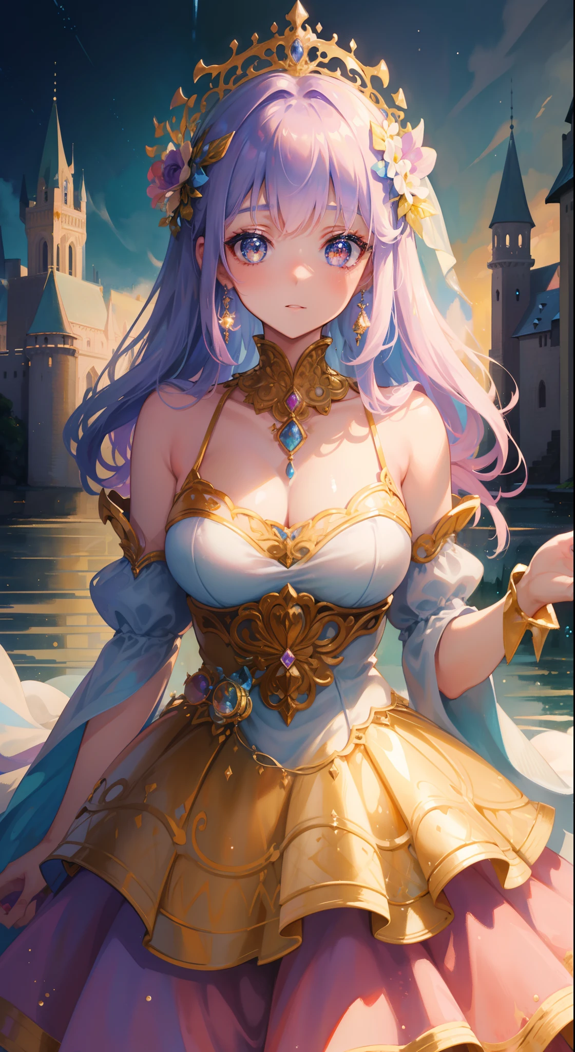 masterpiece, best quality, 8k resolution, sharp focus, intricate detail, beautiful girl, sparkling eyes, golden ratio face, otherworldly liquid, watercolor, pastel colors, bright colors, whimsical, colorful, sharp focus, high resolution, fine detail, princess layered ballgown, ((round eyes)), iridescent bubbles, castle landscape in background