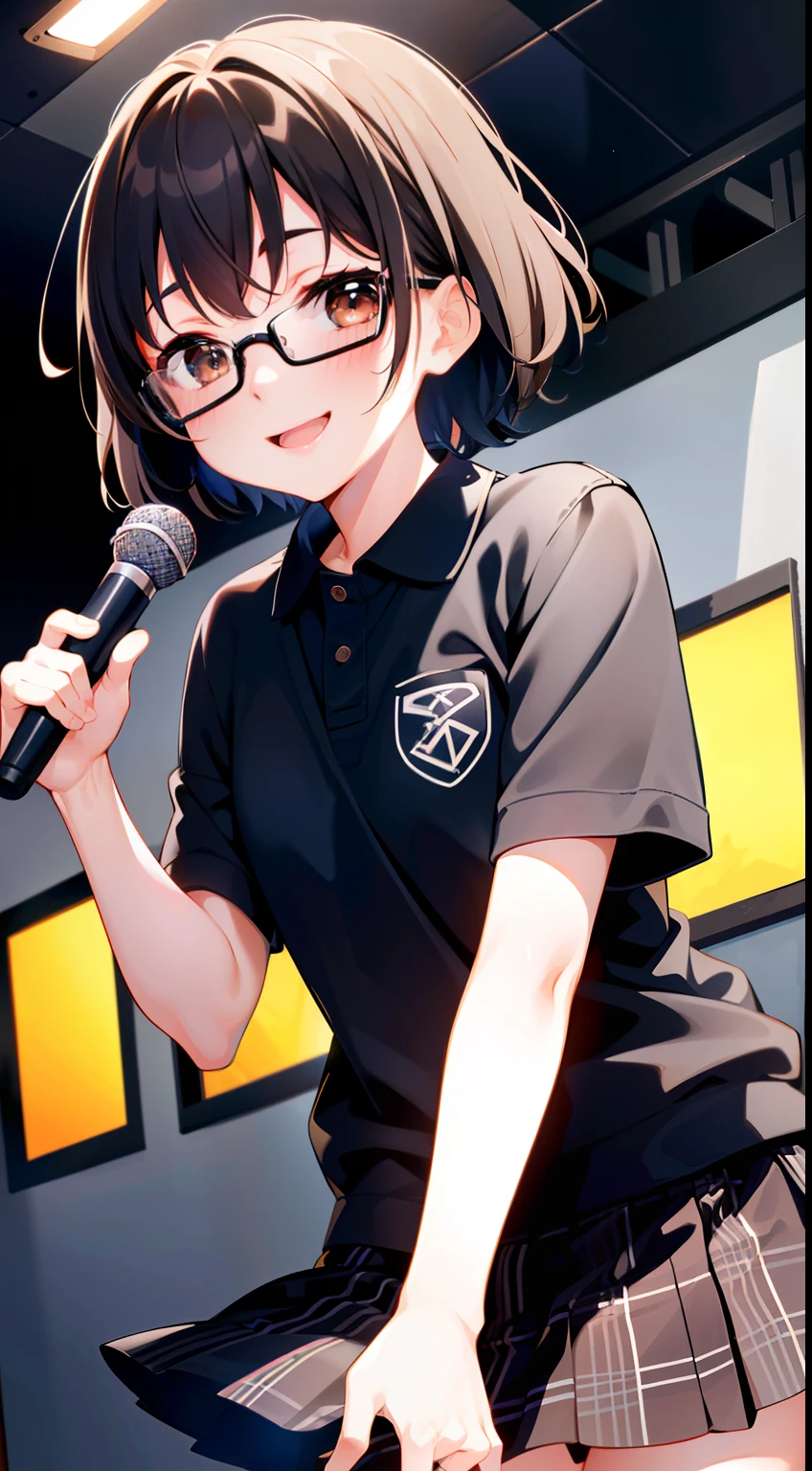 (masutepiece, Best Quality, Capture super cute moments, depth of fields, ultra-detailliert, Ultra High Resolution, C4D, Octadale, 3D Modeling, 8K, 16 K, girl with、a junior high school student、A dark-haired、short-hair、straight haired、Light brown eyes、hair adornments、wearing black glasses、A smile、cute  face)、Chorus、Chorus、polo shirts、plaid skirts、live house、Put one hand forward、holding the mic