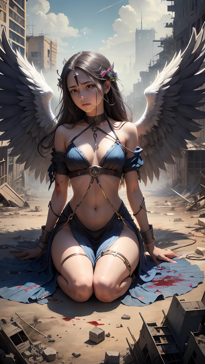 Six-winged angel,Shackled and imprisoned,Kizi,Long hair micro-curls,Empty eyes,Holy sword in hand,There is blood on the body,quadratic element,Face to the side,The background is the destroyed city