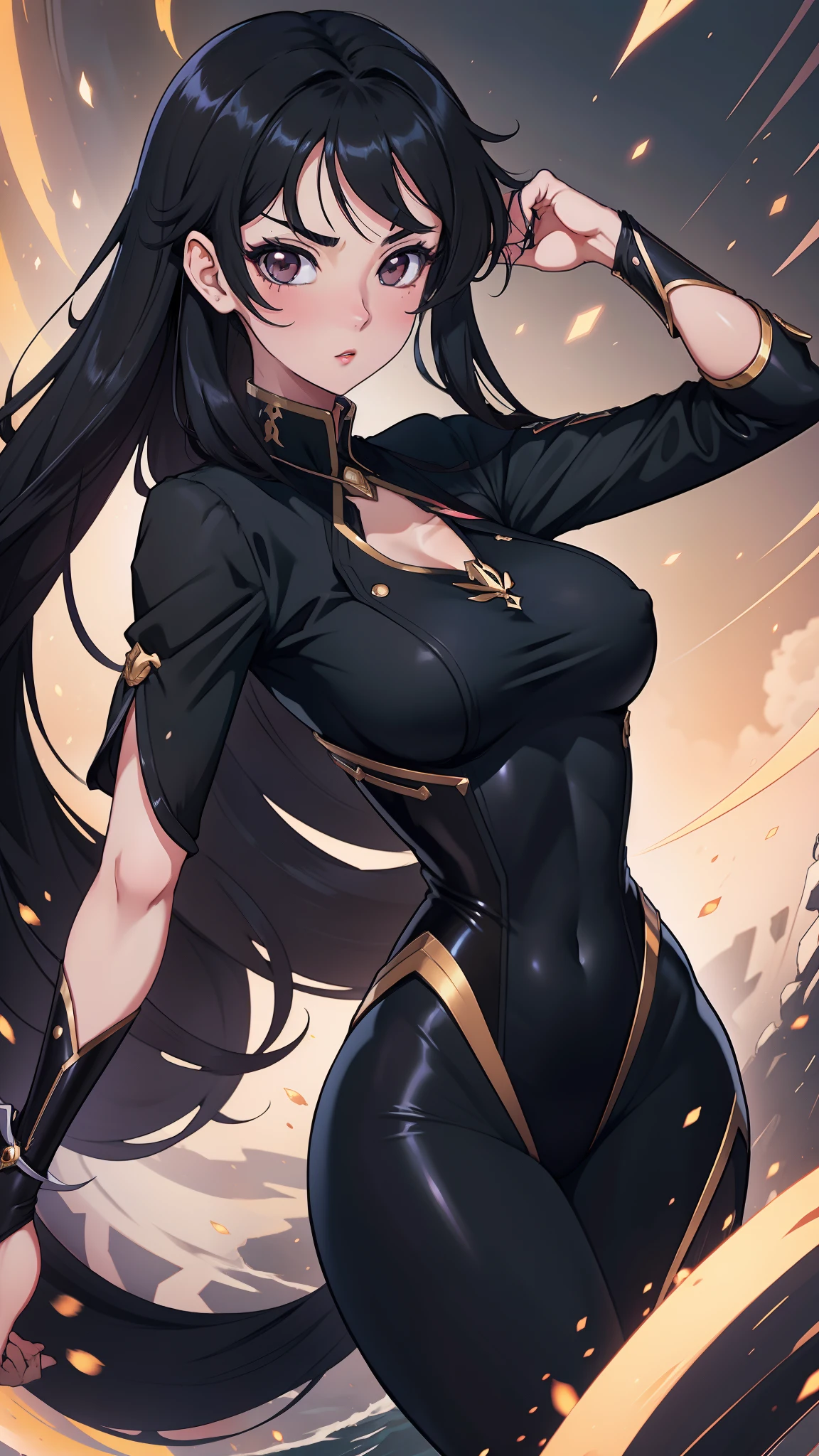 "Anime character girl, 18+, elegant black hair, mesmerizing black eyes, captivating beauty, gracefully proportioned, expressive features, alluring charm, tasteful attire, confident and charismatic aura, sex, long hair