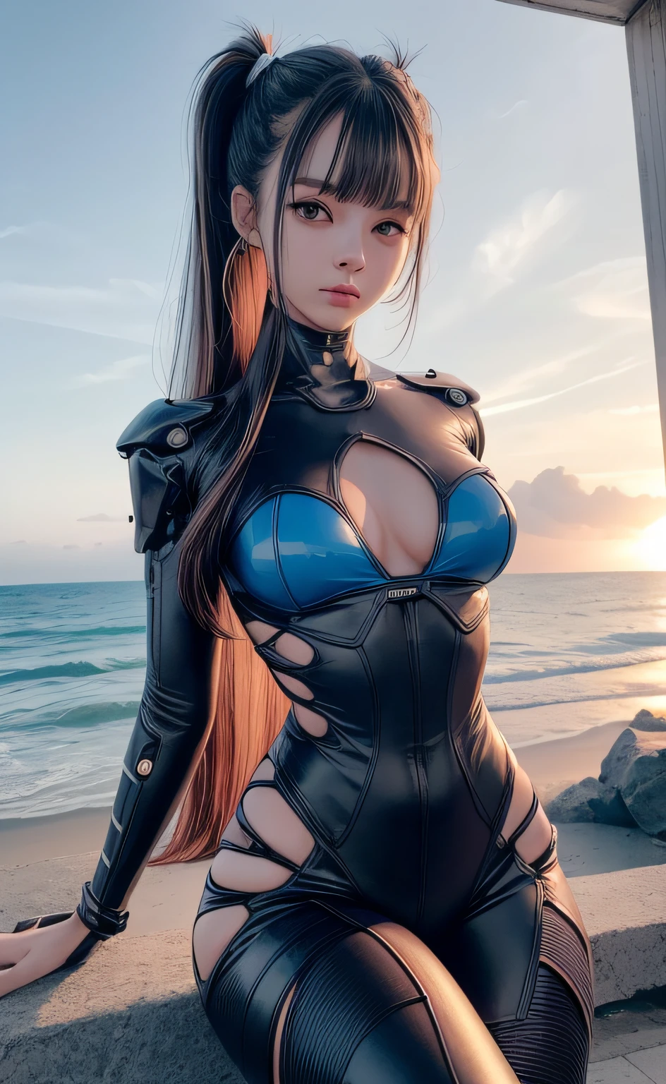 cara delicada, 20-year-old Kpop idol cyborg girl, cuerpo cyborg de fibra de carbono, cuerpo de fibra de carbono, (pechos grandes: 1.15), metal structural skeleton, (Mechanical articulation), flequillo, curvas atractivas, pelvis media, junto al mar, postura de pie, playa, piel brillante, mostrando el derrier (puffyareolas), (pierna alta, piernas abiertas, dedo del pie de camello, cameltoe, vulvashape: 1.2), (cyberpunk, Science-Fiction: 1.1), [[[neon glowing]]], (parte superior del cuerpo: 1.15), (8k, foto RAW, mejor calidad,  Obra maestra: 1.45), (NSFW:1.05)