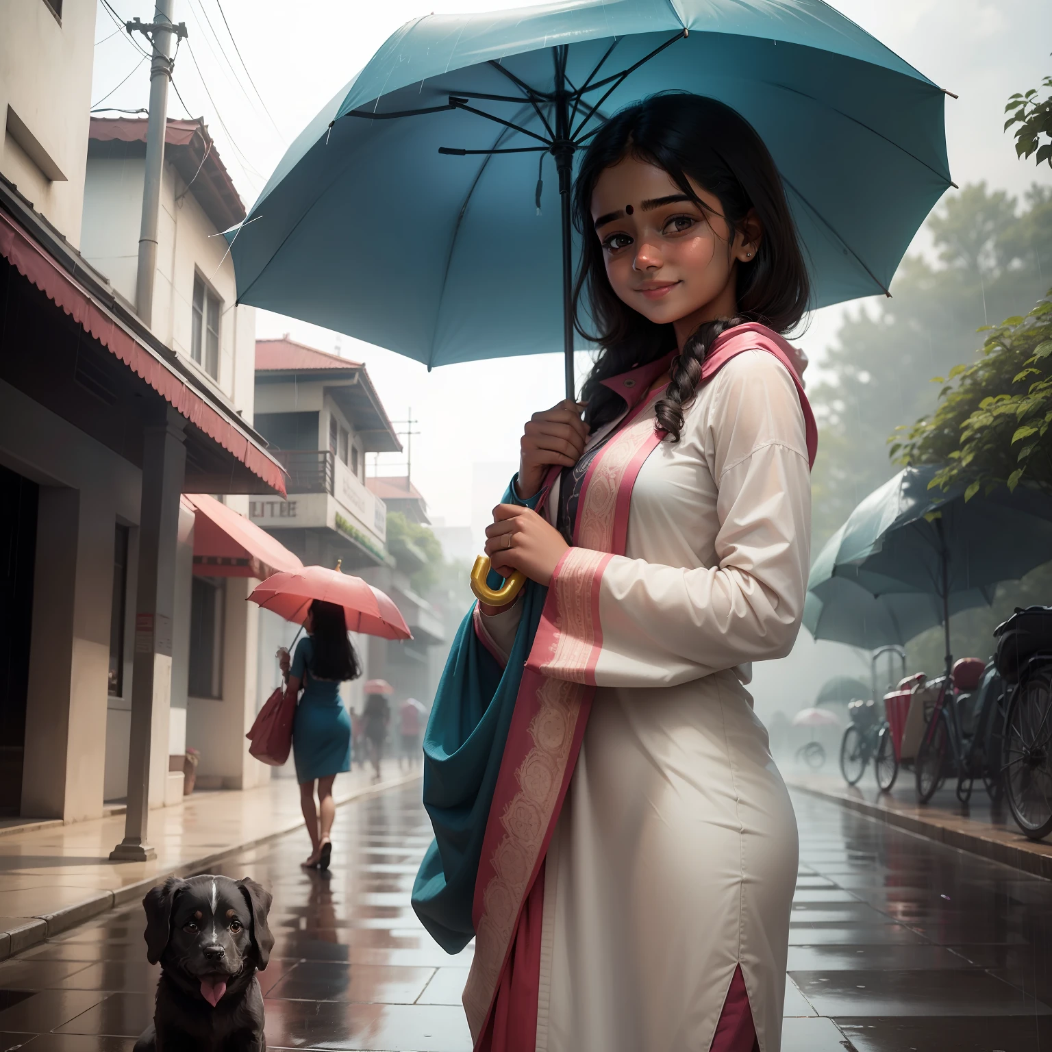 An indian girl standing in strees holding an umbrella. She is smiling. And a cute puppy near her. It is raining