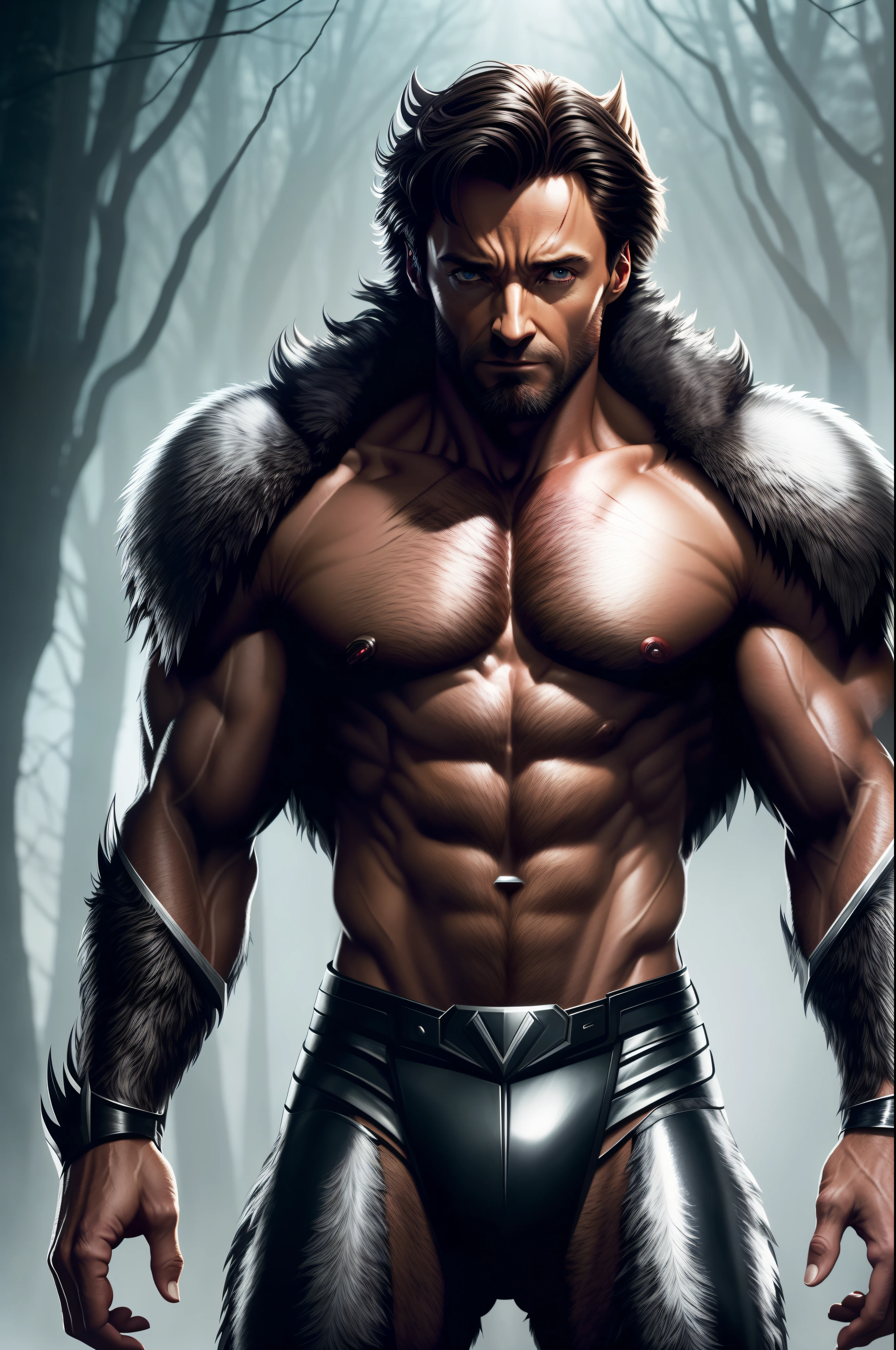 Hugh Jackman as werewolf, vhs effect, serene beautiful face, full body portrait, wearing stylish black armor, standard body, white skin (skin texture:1.2), intricate detail, detailed beautiful, super detailed, ray tracing, subsurface scattering, diffuse soft light, shallow depth of field, by (Oliver Wetter)