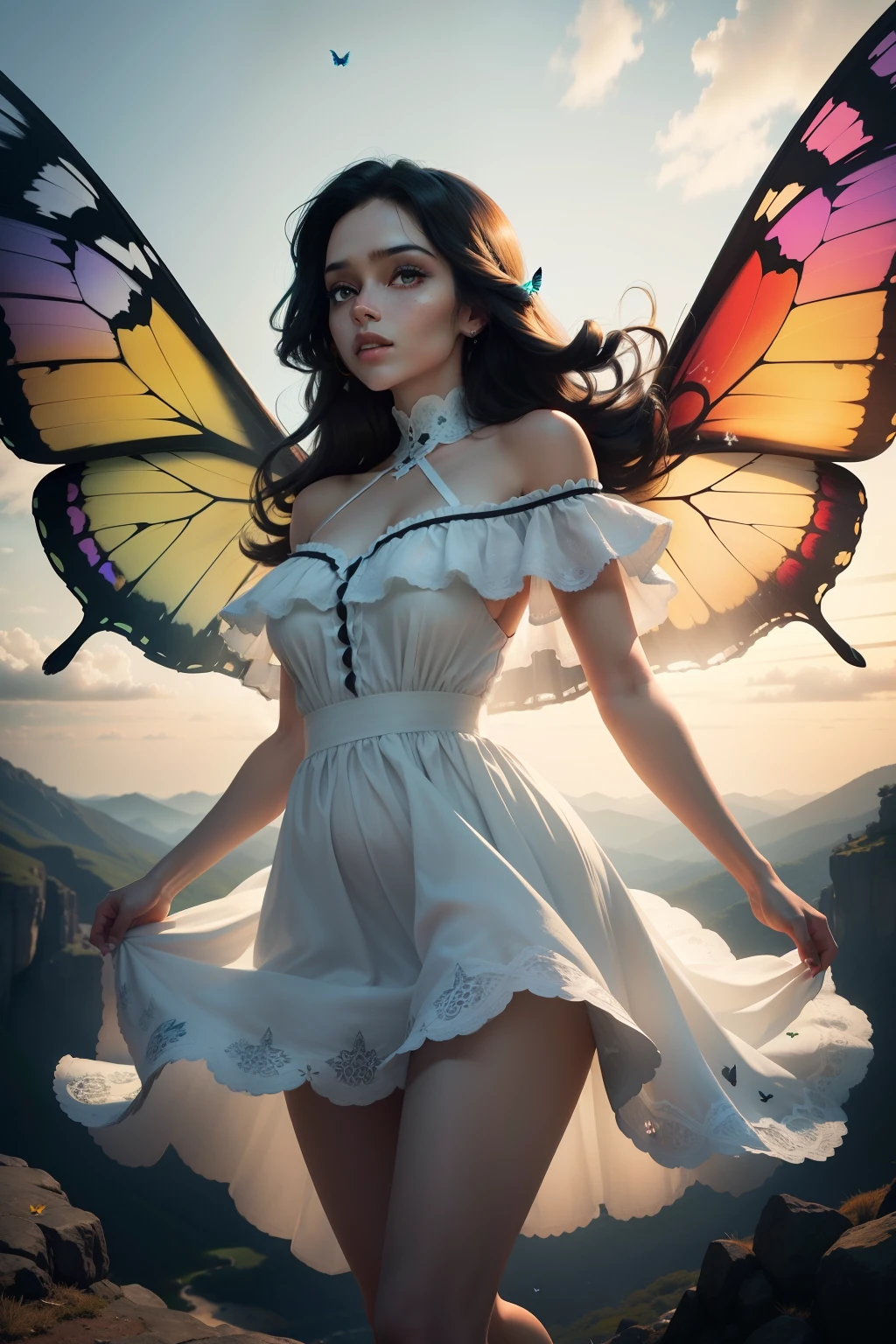 The person is a young and beautiful woman. Ela tem pele clara, cabelos longos e castanhos e olhos verdes. She's wearing a light white dress that floats around her as she flies.
The butterfly wings of the woman are large and colorful. They are black with blue and yellow spots.
The flock of butterflies is huge. There are butterflies of all sizes and colors. They fly around the woman in a kaleidoscopic pattern.
The mountain is high and rocky. Ela tem uma floresta verde no topo.
The sky is clear blue and the sun is shining.
I believe this image would be a positive representation of the freedom and beauty of nature.