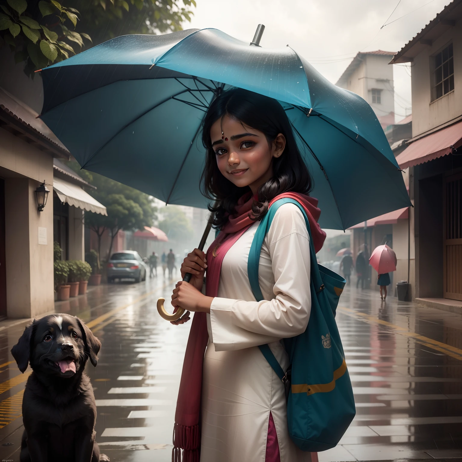 An indian girl standing in strees holding an umbrella. She is smiling. And a cute puppy near her. It is raining