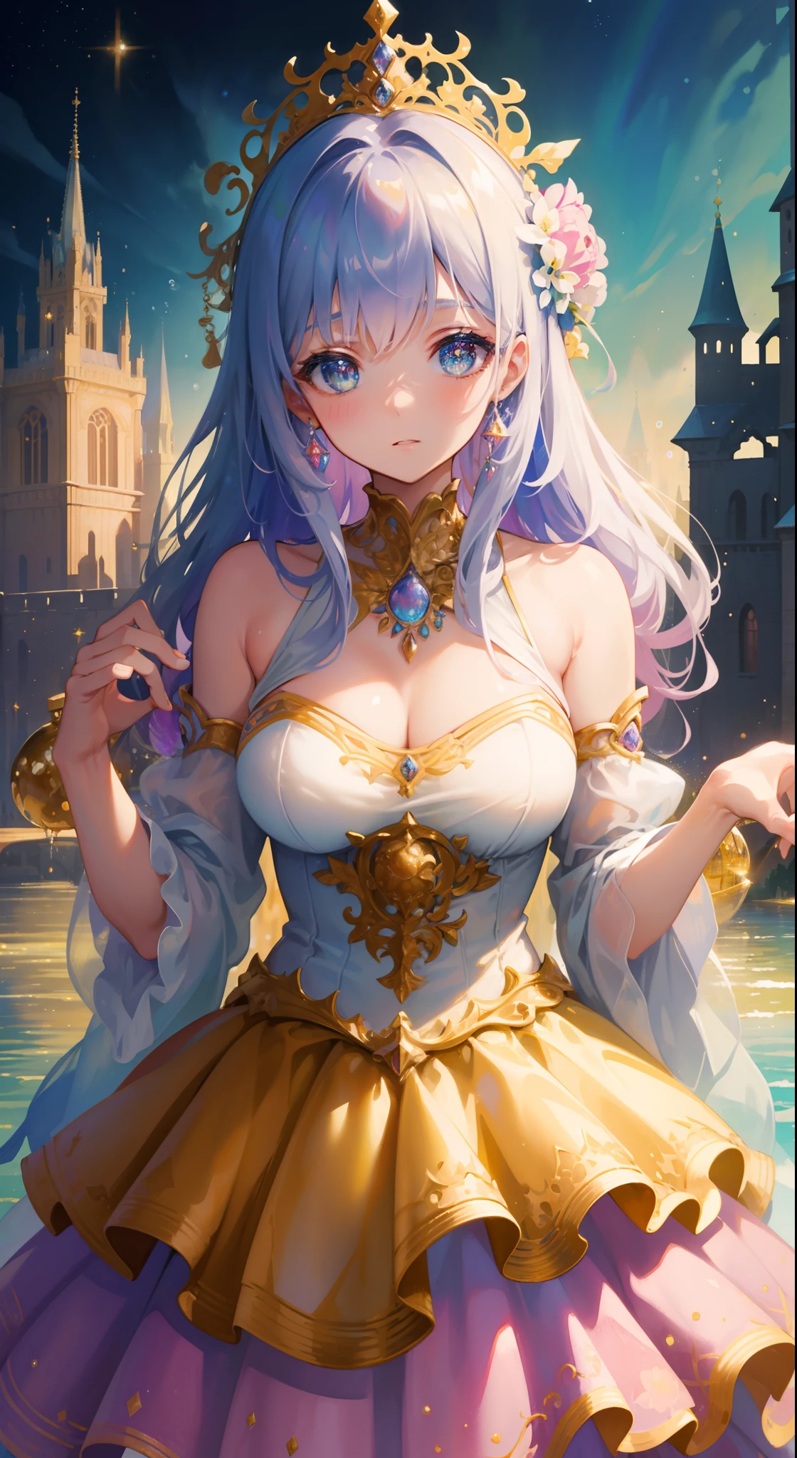 masterpiece, best quality, 8k resolution, sharp focus, intricate detail, beautiful girl, sparkling eyes, golden ratio face, otherworldly liquid, watercolor, pastel colors, bright colors, whimsical, colorful, sharp focus, high resolution, fine detail, princess layered ballgown, ((round eyes)), iridescent bubbles, castle landscape in background