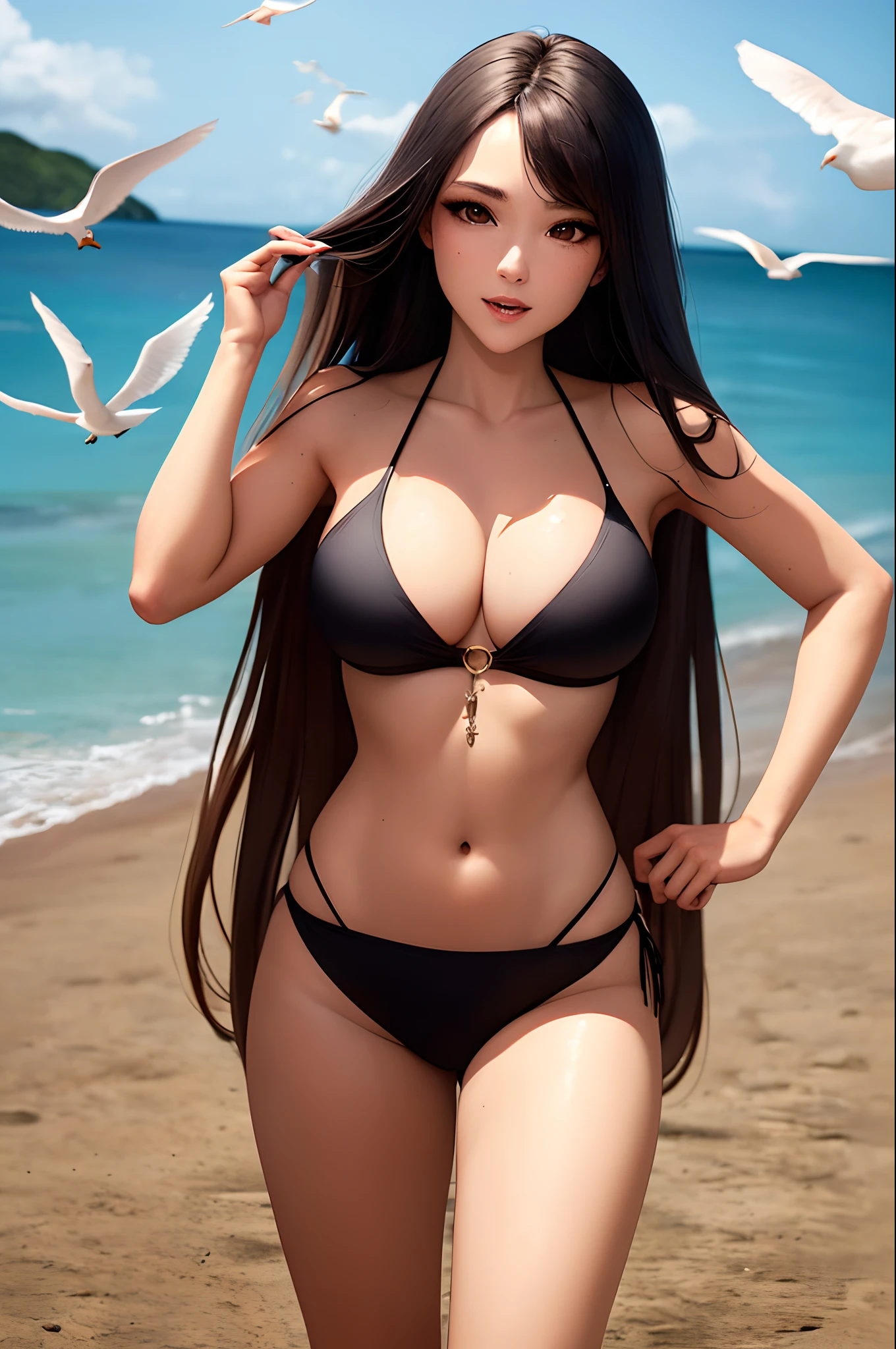 beachside,Bikini beauty,swimmning,Melon seed face,full bodyesbian,seagulls