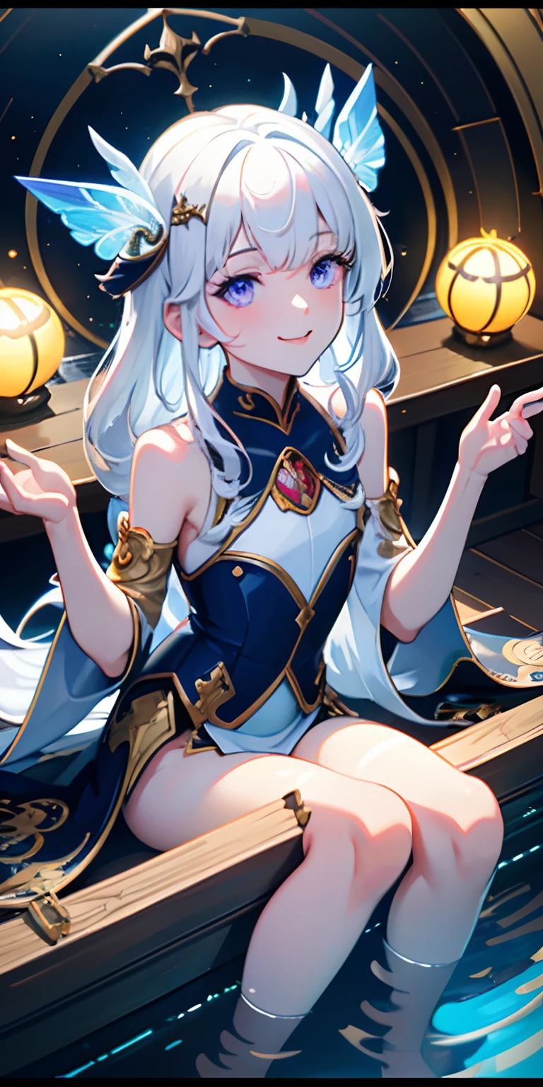 [(Transparent background:1.5)::5],(((Masterpiece))),(((Best quality))),(((Extremely detailed))),illustration, 1girll,Solo,mysterious,vivd colour,Shiny, Underwater transparent sealed hemispherical glass dome, (White hair),(Purple eyes), full bodyesbian,Barefoot,Long hair is calm and natural, Koi,Underwater, Dome,Close up,Dynamic actions,Lens perspective,(((Box composition))),sitting cross-legged，Leaning against the bookshelf, voluminetric lighting, multi colored eyes, Detailed eyes, ultra - detailed,Light smile, Highly detailed, Beautiful, small detailed, Ultra detailed, Best quality, Intricate, 4K, 8K, trending on artstationh, Good anatomy, Beautiful lighting, Award-winning,