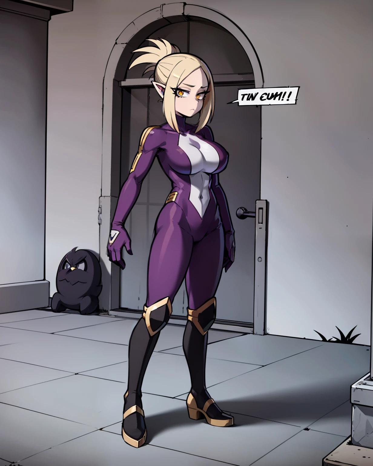 My Hero Academia style, anime Girl, female, Amity Blight, The Owl House, trending on artstation pixiv, (full body shot:0.5), Masterpiece, Perfect Anatomy, Super Detailed, Pale skin, golden yellow eyes, pointy ears, Hair tied into a high ponytail pulled up in front, undercut on the sides, two-tone hair, long Purple hair with brown roots, Wide thighs, wide hips, Large breast, full body suit, hero suit, Spotted purple suit, multi-toned suit, purple suit, multi shade purple suit, light purple spot suit, dark purple spot suit, one piece suit, purple symbiote,