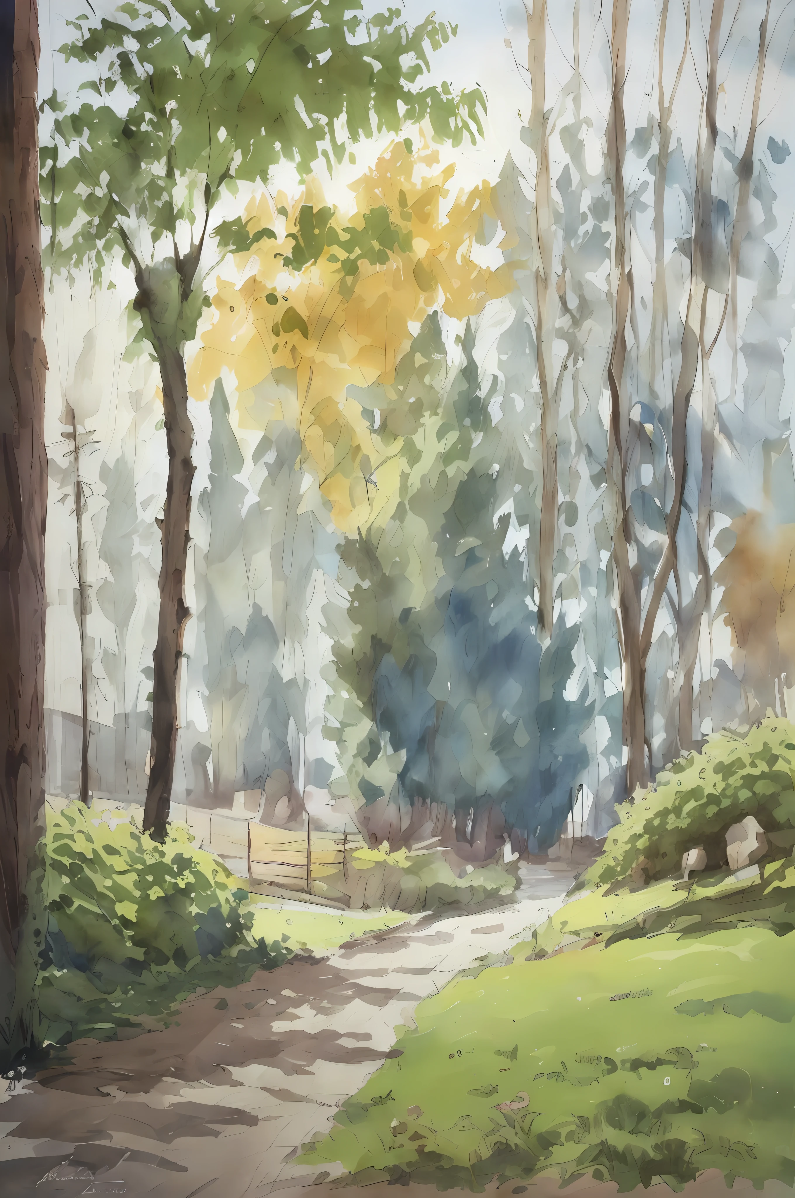 watercolor paiting，country road，shadow of the tree，High-quality masterpieces，plethora of colors