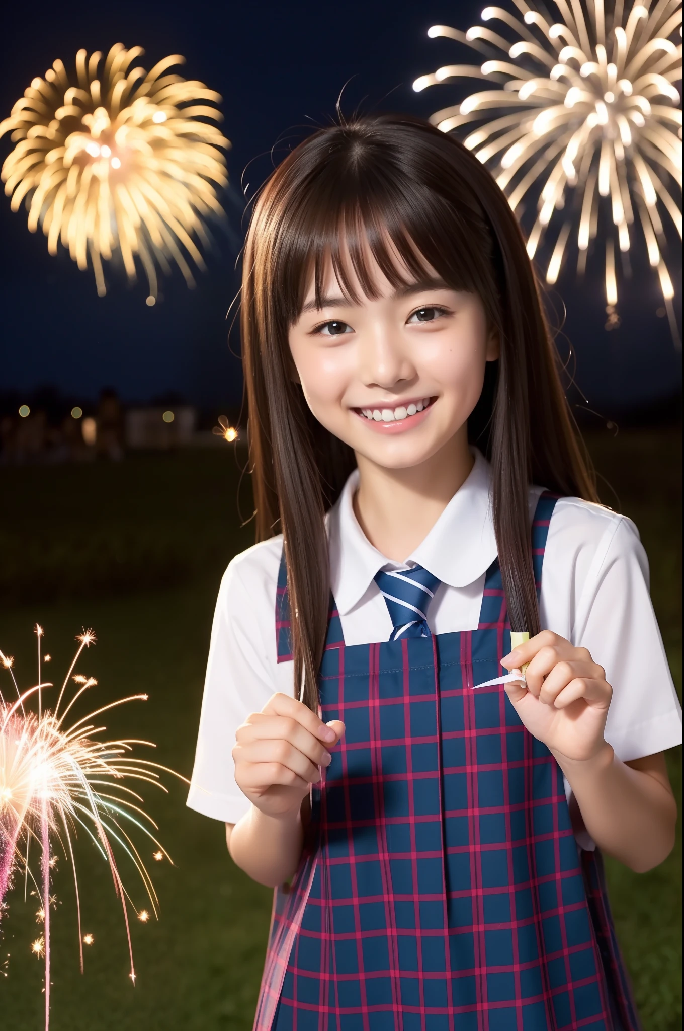 A smile、hi-school girl、While doing fireworks