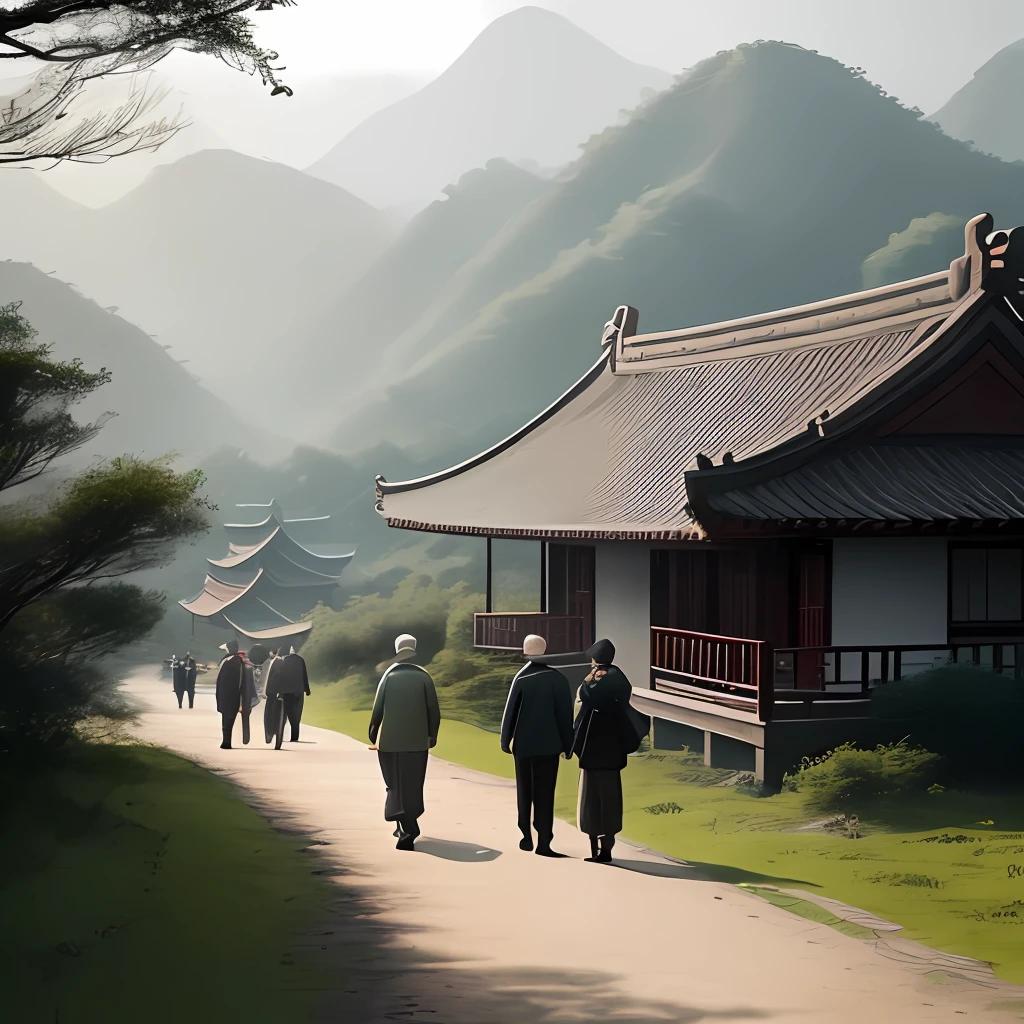 China in 1950，An old overseas Chinese returned to China to visit the countryside，Around him there were several rural men and women who interacted with him，The color is warm and gray