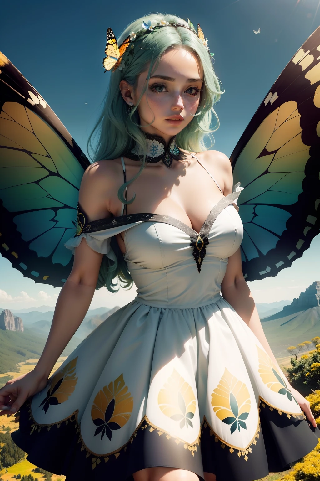 The person is a young and beautiful woman. Ela tem pele clara, cabelos longos e castanhos e olhos verdes. She's wearing a light white dress that floats around her as she flies.
The butterfly wings of the woman are large and colorful. They are black with blue and yellow spots.
The flock of butterflies is huge. There are butterflies of all sizes and colors. They fly around the woman in a kaleidoscopic pattern.
The mountain is high and rocky. Ela tem uma floresta verde no topo.
The sky is clear blue and the sun is shining.
I believe this image would be a positive representation of the freedom and beauty of nature.