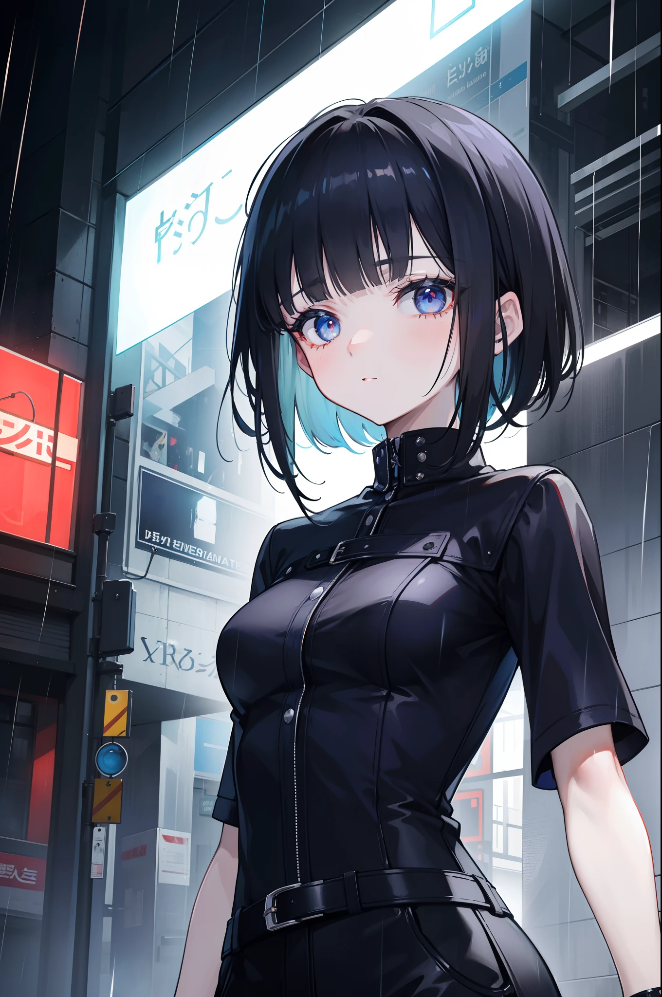 Woman in black standing in the street, On rainy nights, dim murky lights, Blue left eye, Red right eye, black hair, blunt bangs, short hair, Futurism, cinematic lighting, from below, UHD, masterpiece, ccurate, textured skin, super detail, high details, high quality, award winning, best quality, highres, 8k