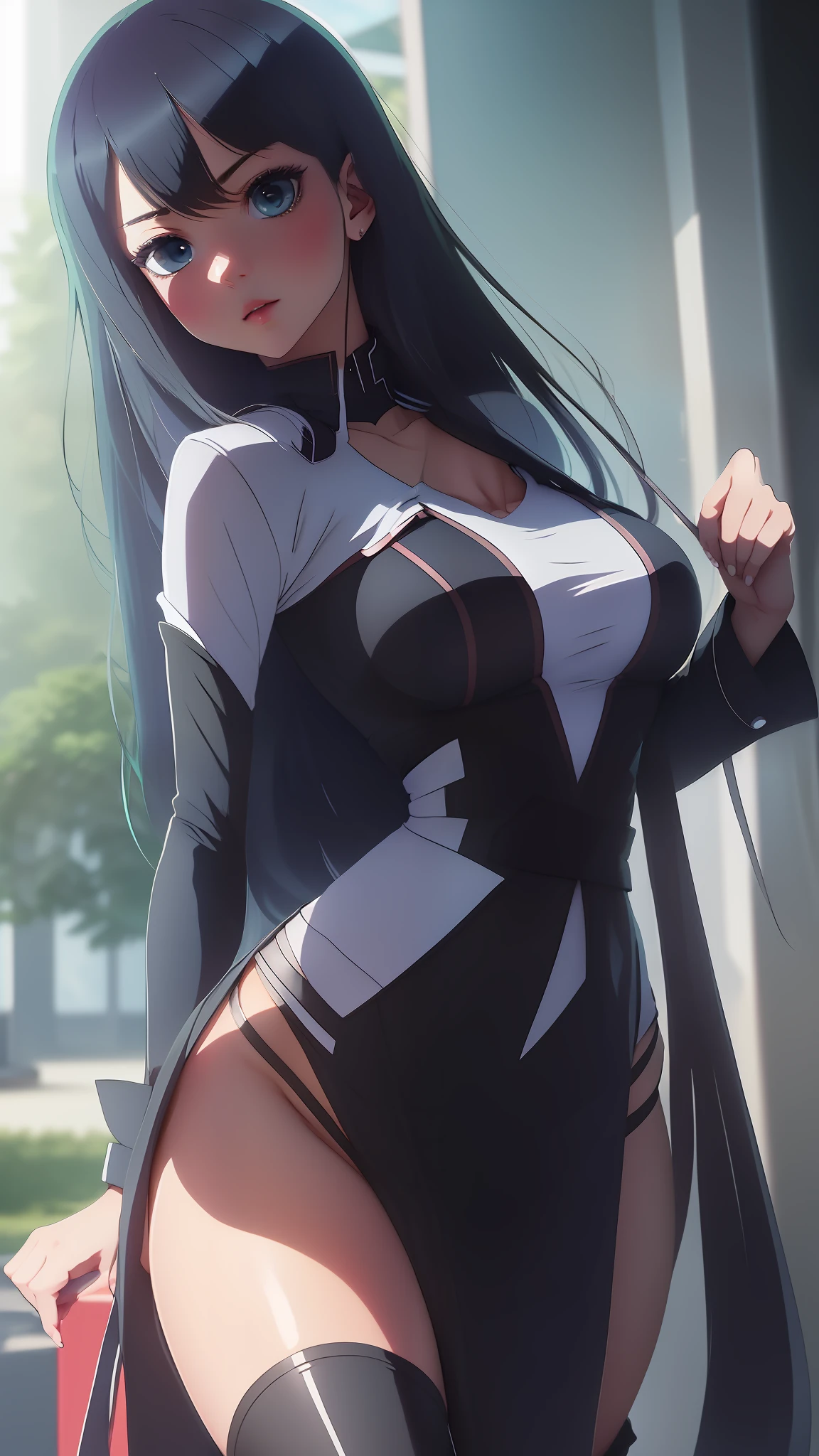 "Anime character girl, 18+, elegant black hair, mesmerizing black eyes, captivating beauty, gracefully proportioned, expressive features, alluring charm, tasteful attire, confident and charismatic aura, sex, long hair