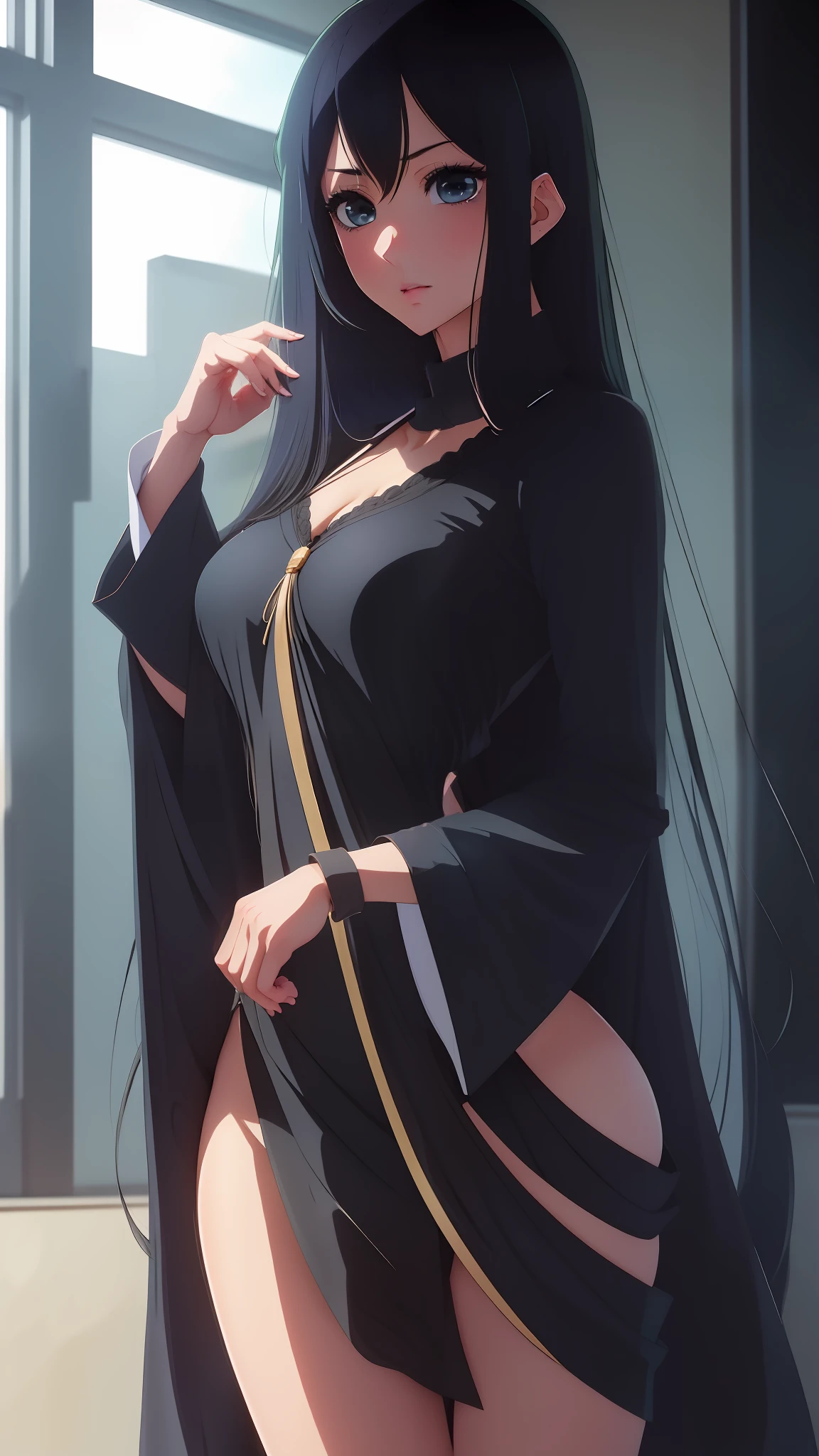 "Anime character girl, 18+, elegant black hair, mesmerizing black eyes, captivating beauty, gracefully proportioned, expressive features, alluring charm, tasteful attire, confident and charismatic aura, sex, long hair