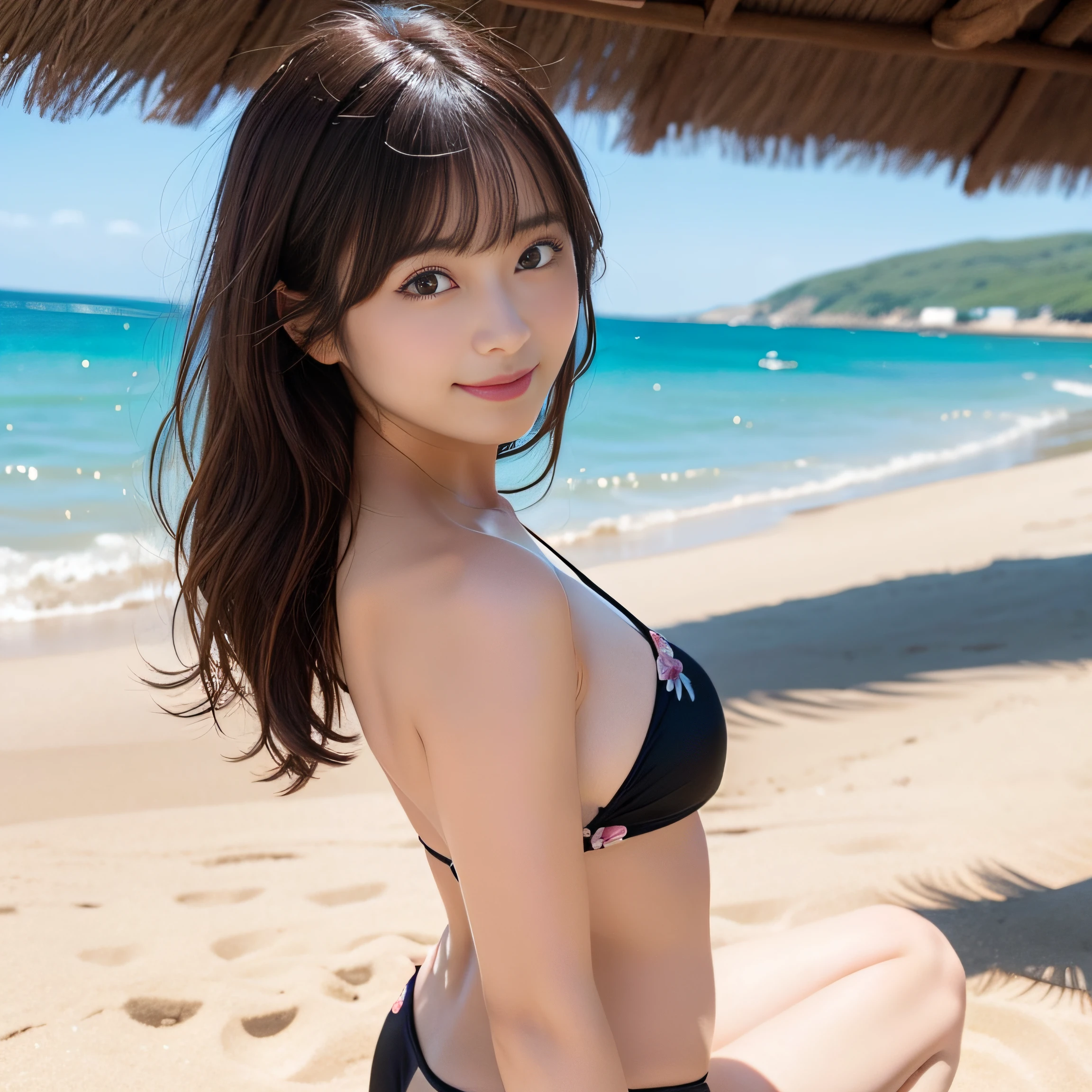 in 8K,Best Quality:1.4, 超A high resolution:1.5, (Photorealistic:1.4),masterpiece:1.2,(top-quality:1.4)、 Raw photo、 (From the knee up:1.4, From Side:0.7), (the background is blurred), sea side, sand beach, 1日本人の女の子, Cute, (Solo), (Shy smile), Smooth skin、Floral Bikini:1.3、 (Brown medium hair,Bangs), (touch hair:1.4),nogizaka,Cute swimsuit,Supple fingertips,Beautiful black eyes、natural skin textures:1.3, realistic eyes and face details:1.7、middlebreasts、Backshots:1.2、the setting sun、Gravure Pose:1.1、Toned buttocks:1.5、Hands behind the head、gazing at viewer