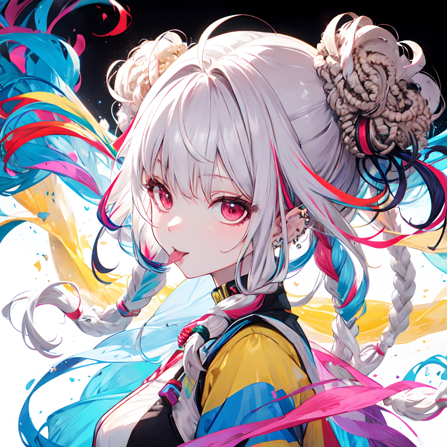 from side,face,solo,(dreadlocks:1.4),(drill hair,afro,ponytail,two side up,hime cut,twintails,braid,hair bun:0.8),(wavy multicolor hair:1.2),(smokeanywhere:1.4),tongue,piercing