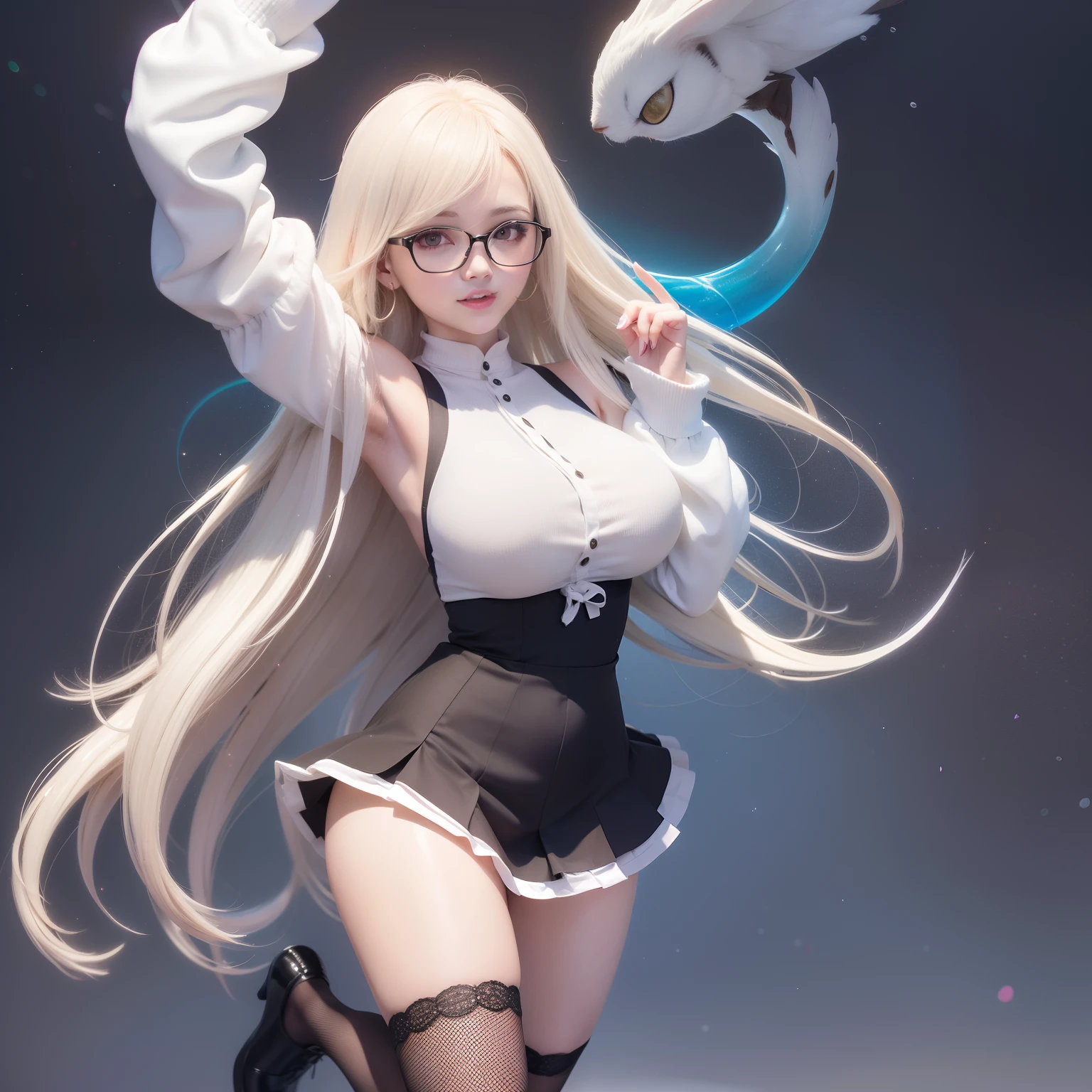 High image, Super Detail, High resolution, Anime, Manga, Illustration, Black Knee High Socks, thighs thighs thighs thighs, Knitted Dresses, flered skirt, Intelligent beauty, Laugh mischievously, Happy, Shy, Flowing layered Messy White Medium Shorthair, Glowing blue big eyes, Seductive moist red lips, medium breasts, under the boobs, sideboob barbosa, Perfect proportions, slender, Full body, Glasses