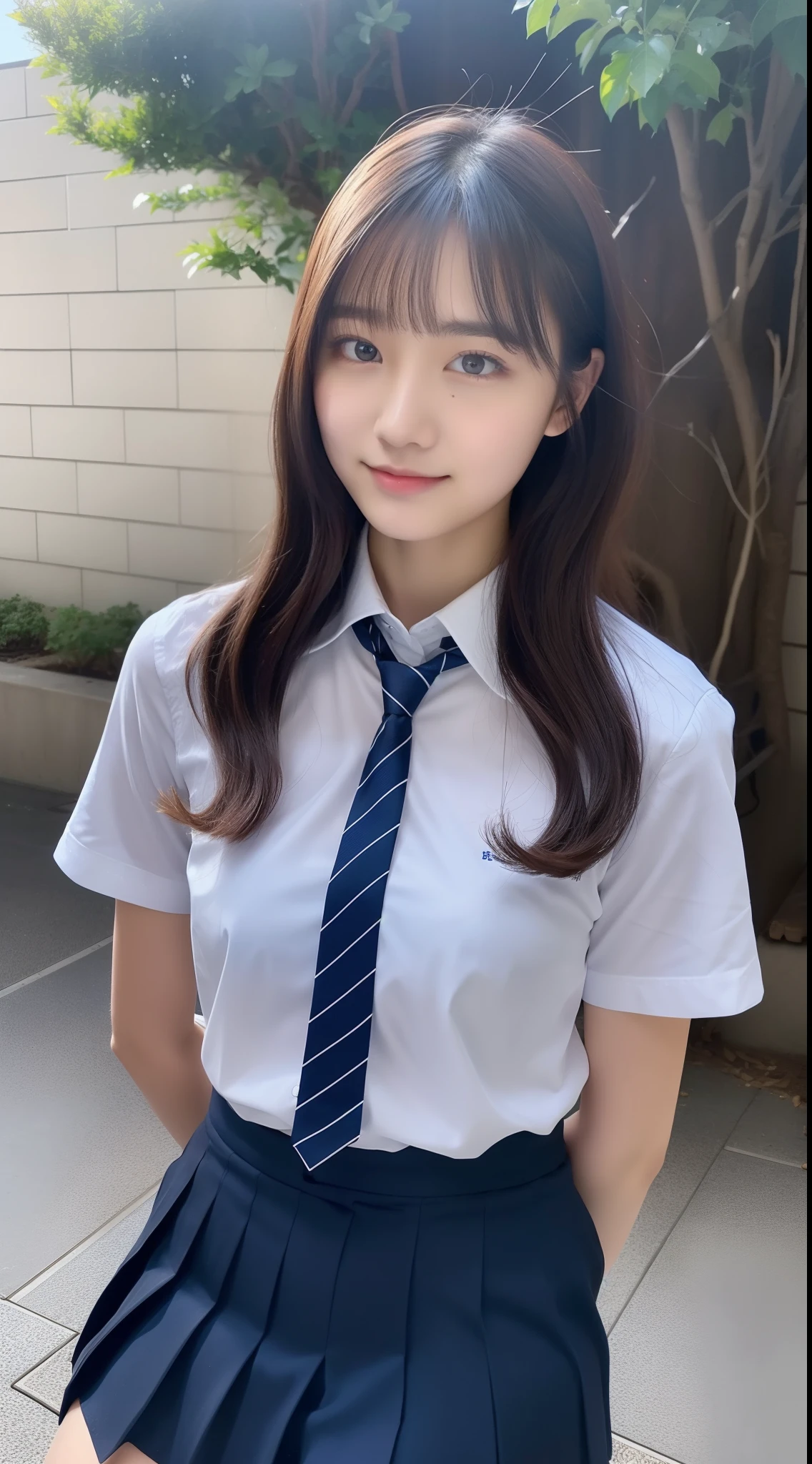 High school girl 18 years old wearing shirt and miniskirt with dark blue tie