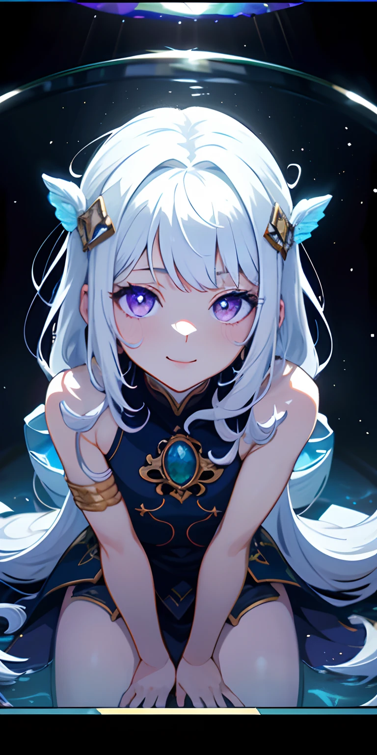 [(Transparent background:1.5)::5],(((Masterpiece))),(((Best quality))),(((Extremely detailed))),illustration, 1girll,Solo,mysterious,vivd colour,Shiny, Underwater transparent sealed hemispherical glass dome, (White hair),(Purple eyes), full bodyesbian,Barefoot,Long hair is calm and natural, Koi,Underwater, Dome,Close up,Dynamic actions,Lens perspective,(((Box composition))),sitting cross-legged，Leaning against the bookshelf, voluminetric lighting, multi colored eyes, Detailed eyes, ultra - detailed,Light smile, Highly detailed, Beautiful, small detailed, Ultra detailed, Best quality, Intricate, 4K, 8K, trending on artstationh, Good anatomy, Beautiful lighting, Award-winning,