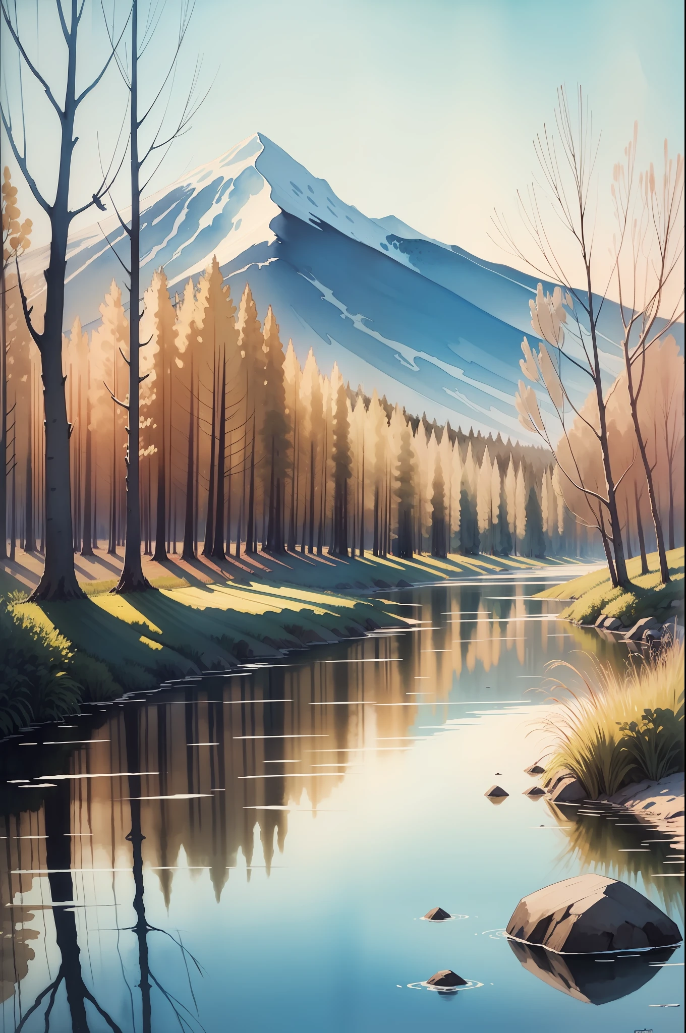 mont,Eau,the trees,ink and watercolor painting