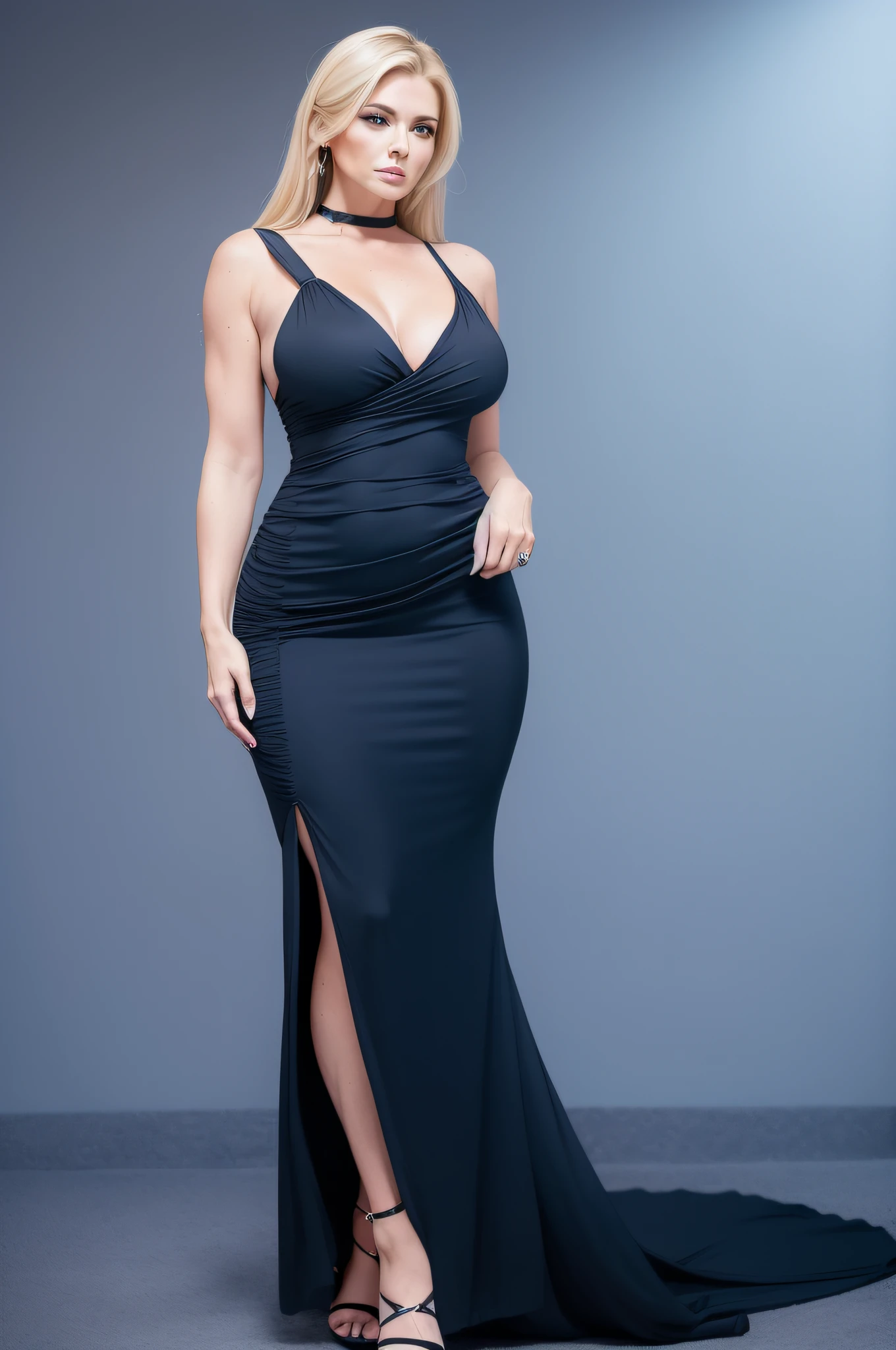 (A tall and elegant woman:1.2), (slim figure, in her 40's),(blond hair),(blue eyes:1.3), (wearing a tight black dress), (standing against a pristine backdrop)