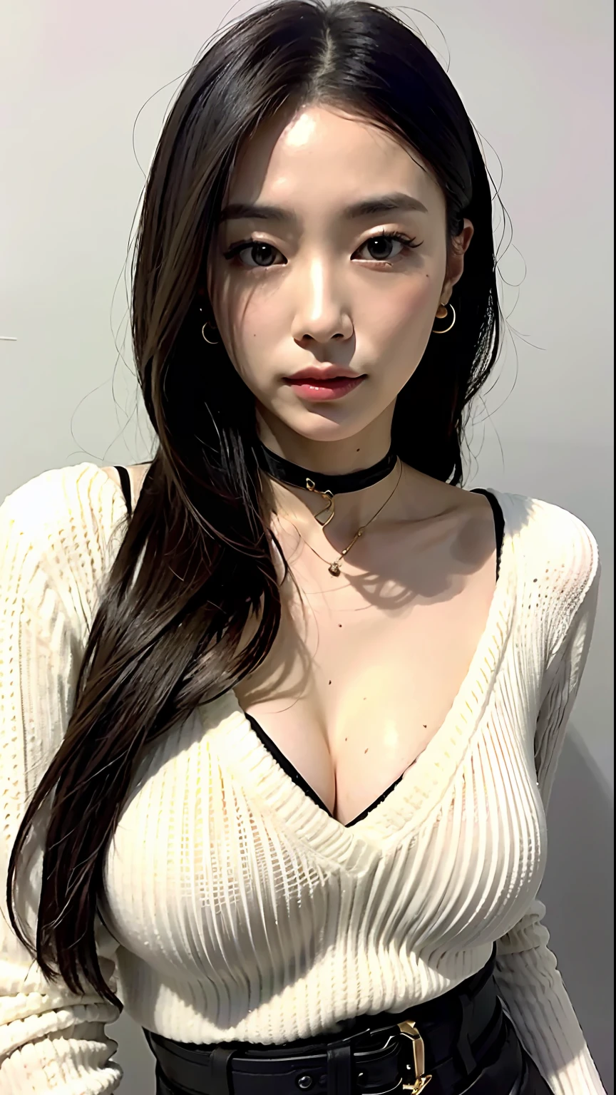 (best qualtiy,8k,32k,tmasterpiece,UHD:1.2),Photo beautiful oriental woman,big cleavage breasts,Long straight hair,The upper part of the body,sface focus,oversized_sweater,choker necklace,simple backgound,Cocked buttocks,Looks like Di Li Gerba