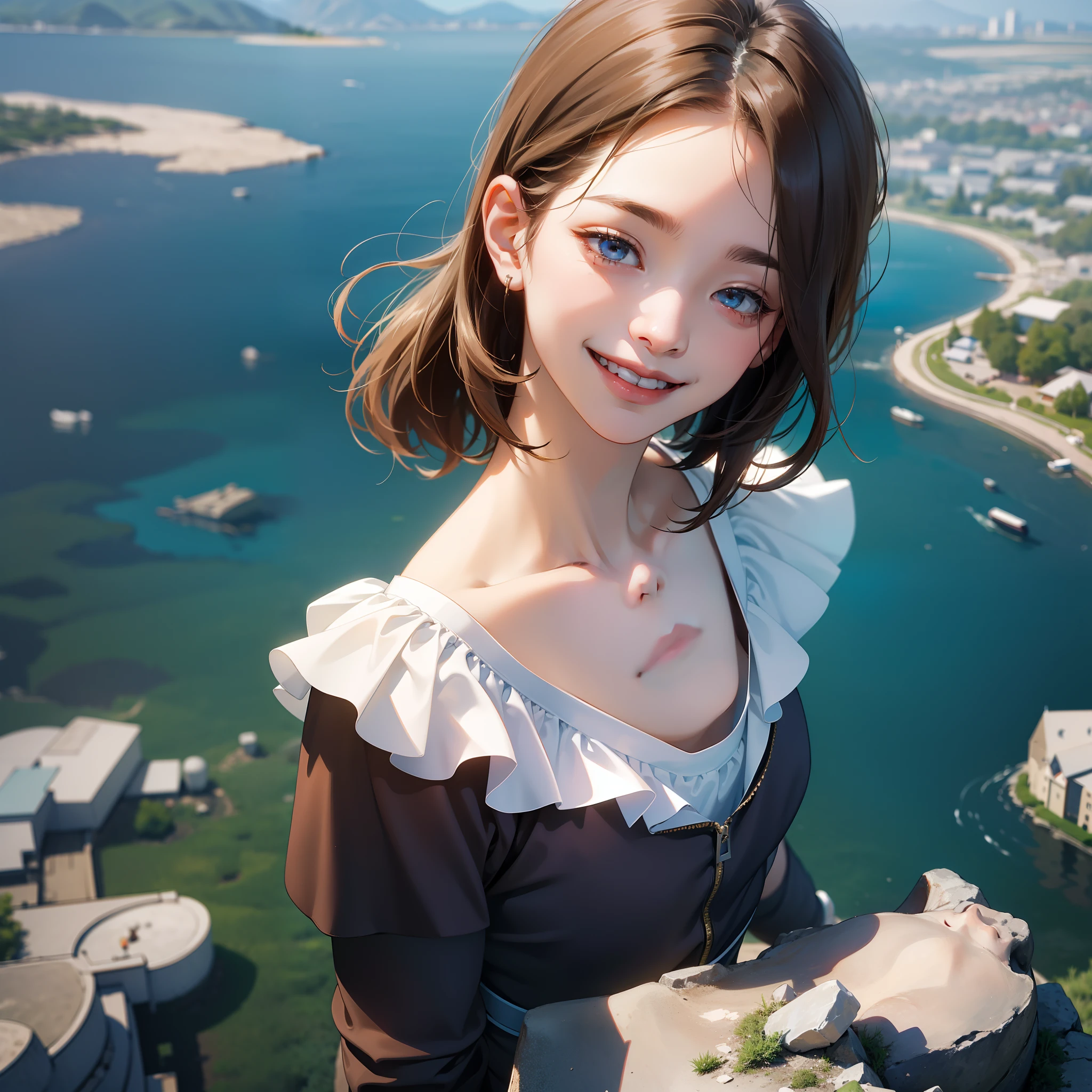 (in 8K、top-quality、masterpiece:1.2)、1人の女性、(Smiling smile:1.1)、beautidful eyes、Valley、The upper part of the body、shorth hair、Like a boy 、Quirk hair、short-cut、red view、