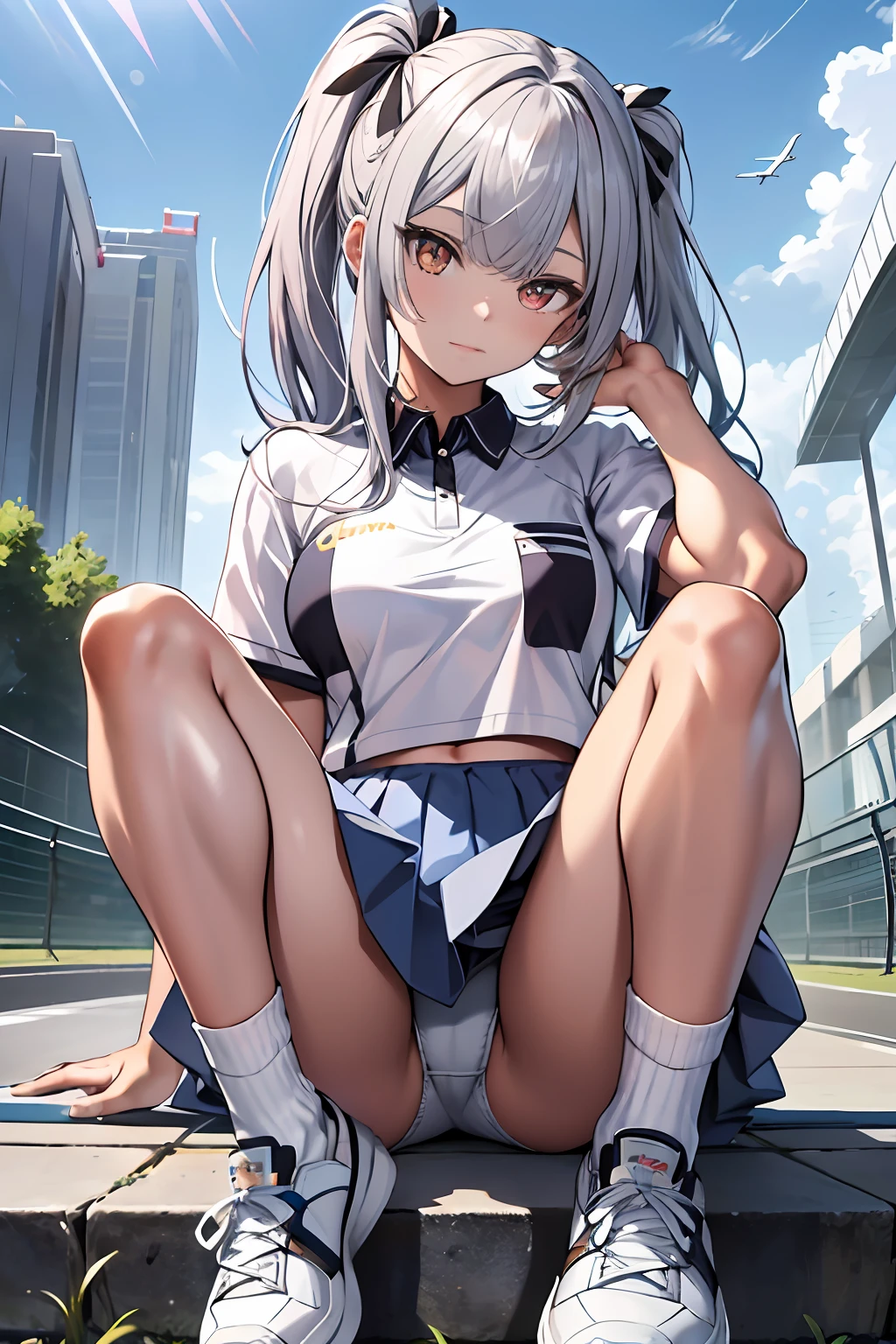 (best qualtiy,A high resolution,tmasterpiece:1.3),1girll, Solo, tennis wear, White polo shirt, White sneakers, white mini-skirt, tmasterpiece, Best quality at best, Photorealsitic, ultra - detailed, Slim, (shiny skins, perspired:1.4), absurd res, looking at viewert, Long double ponytail, brunette color hair, with brown eye, Dynamic light and shadow, A high resolution, Sharp focus, depth of fields, detailedeyes, Sharp pupils, Realistic pupils, (smallunderboob:1.3), (thick thight:1.1), exteriors, Skysky,White knee-length socks,White ribbon hair ornament,Board shoes,Hands reach into panties,Raise your legs above your head