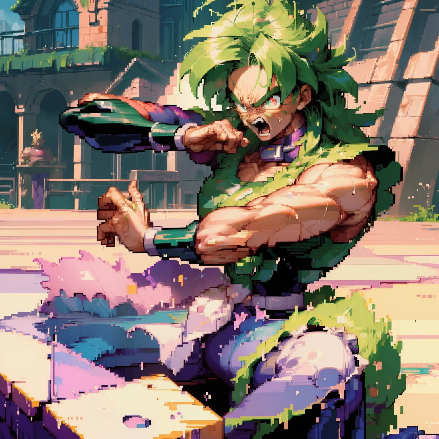 ((masterpiece)), ((best quality)), ((ultra-detailed)), (illustration), ((perfect anatomy)), ((best aesthetic)), ((beautiful art)), ((perfect eyes)), ((perfect quality)), PixelArt, pixel, Broly, legendary super Saiyan,(fighting pose), 2d, scenery, (angry)