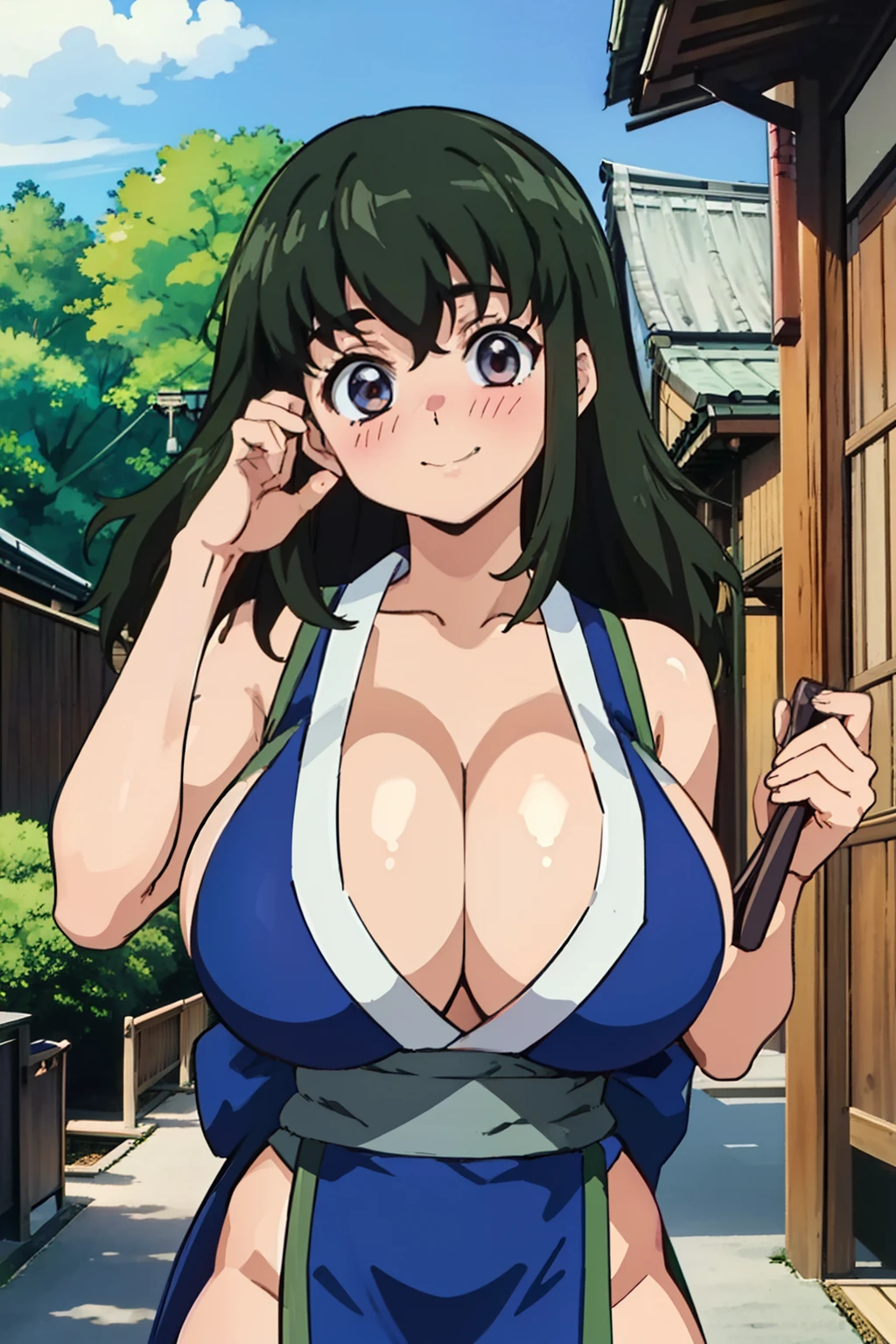 Suma_(Demon_Slayer), best quality, ultra-detailed, high resolution, (cleavage, huge breasts:1.2), pelvis curtain, (japanese clothes), revealing clothes, sash, 1990s \(style\),retro artstyle,1990s anime cels style, japan, traditional, outdoors, looking at viewer, sideboob, (nose blush), smile, wavy mouth, from front, night