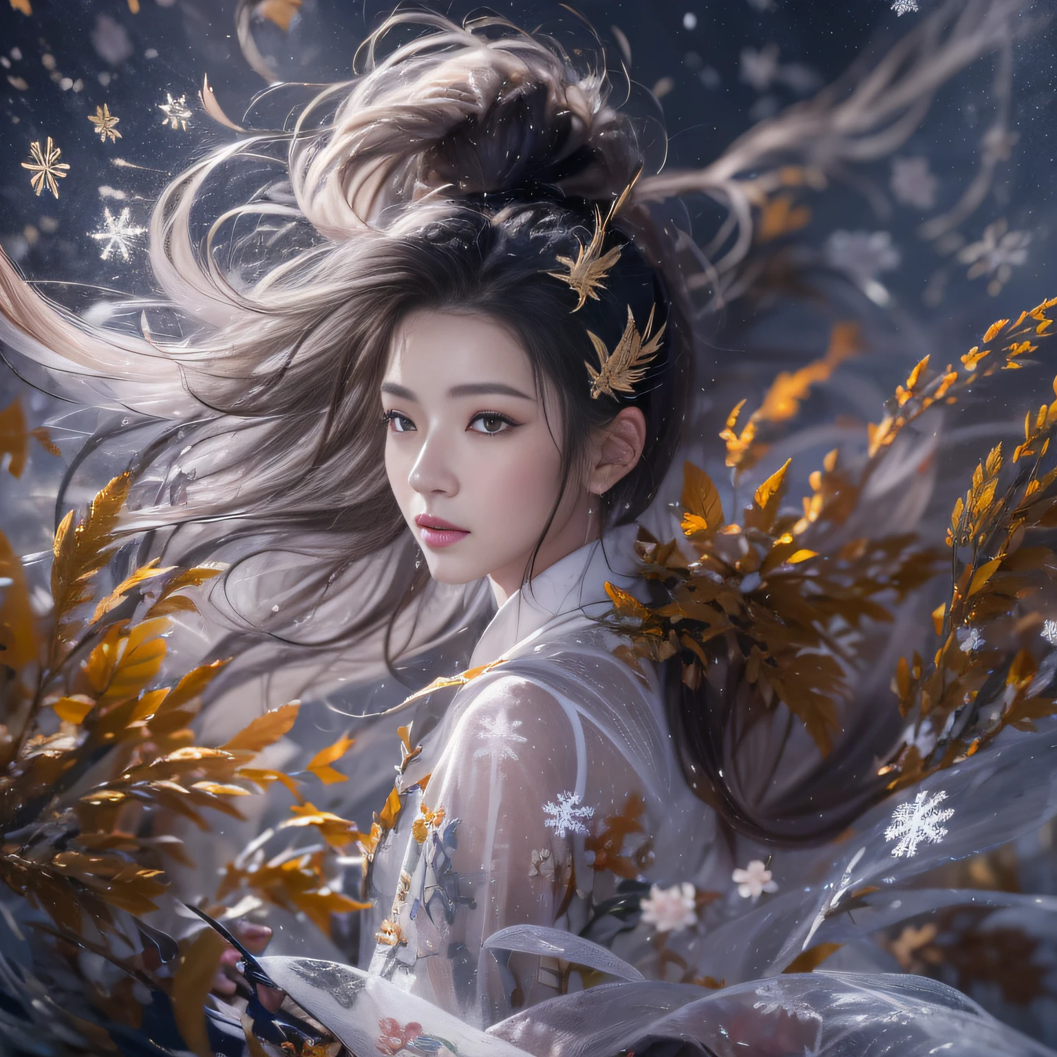 32K(tmasterpiece,k hd,hyper HD,16k)Flowing short hair,Backroom pond,zydink, a color, Asian people (Female Student), (Silk scarf), Combat posture, looking at viewert, long whitr hair, Floating hair, Hanfu, Chinese clothes, longer sleeves, (abstract ink splash:1.2), white backgrounid,Kirin Beast Protector (realisticlying:1.4),,Snowflakes fluttering,The background is pure, A high resolution, the detail, RAW photogr, Sharp Re, Nikon D850 Film Stock Photo by Jefferies Lee 4 Kodak Portra 400 Camera F1.6 shots, Rich colors, ultra-realistic vivid textures, Dramatic lighting, Unreal Engine Art Station Trend, cinestir 800,