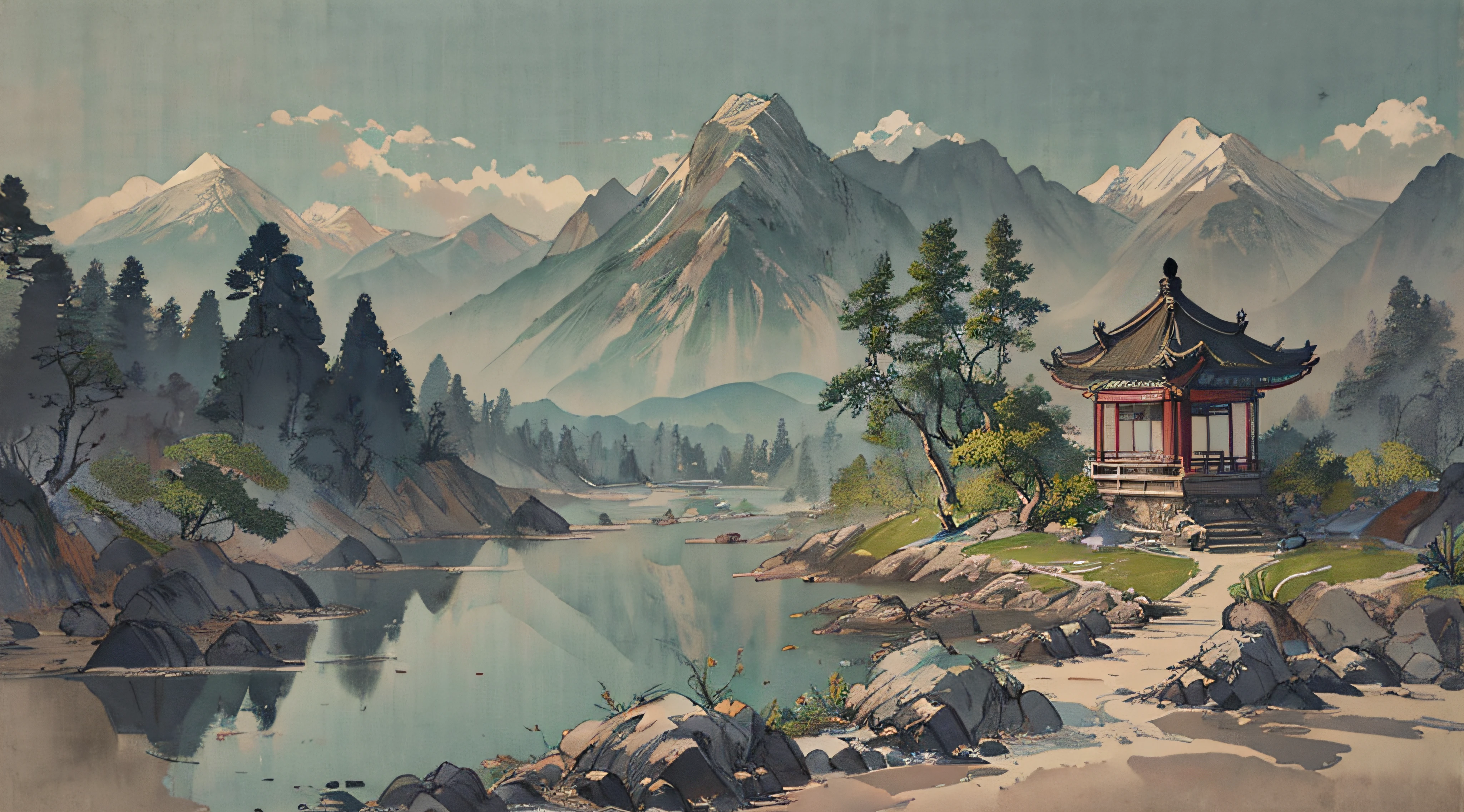 超高分辨率，tmasterpiece，8k，Wallpapers，HighestQuali，extremely detaile，Shen Mengxi's painting "Qianli Jiangshan" depicts a landscape in the style of the Song Dynasty, using meticulous brushwork combined with a touch of freehand brushwork. Among the layered mountains and peaks, pine trees grow, and there is a light green lake with a mirror-like surface. A stone bridge with a pavilion connects two mountains. In the distance, there are continuous far-off mountains and a pale blue sky ((without any clouds)), The setting sun hangs in the sky, creating a captivating scene,claborate-style painting,pixel world,a photo of shanshui by jinliang,zydink