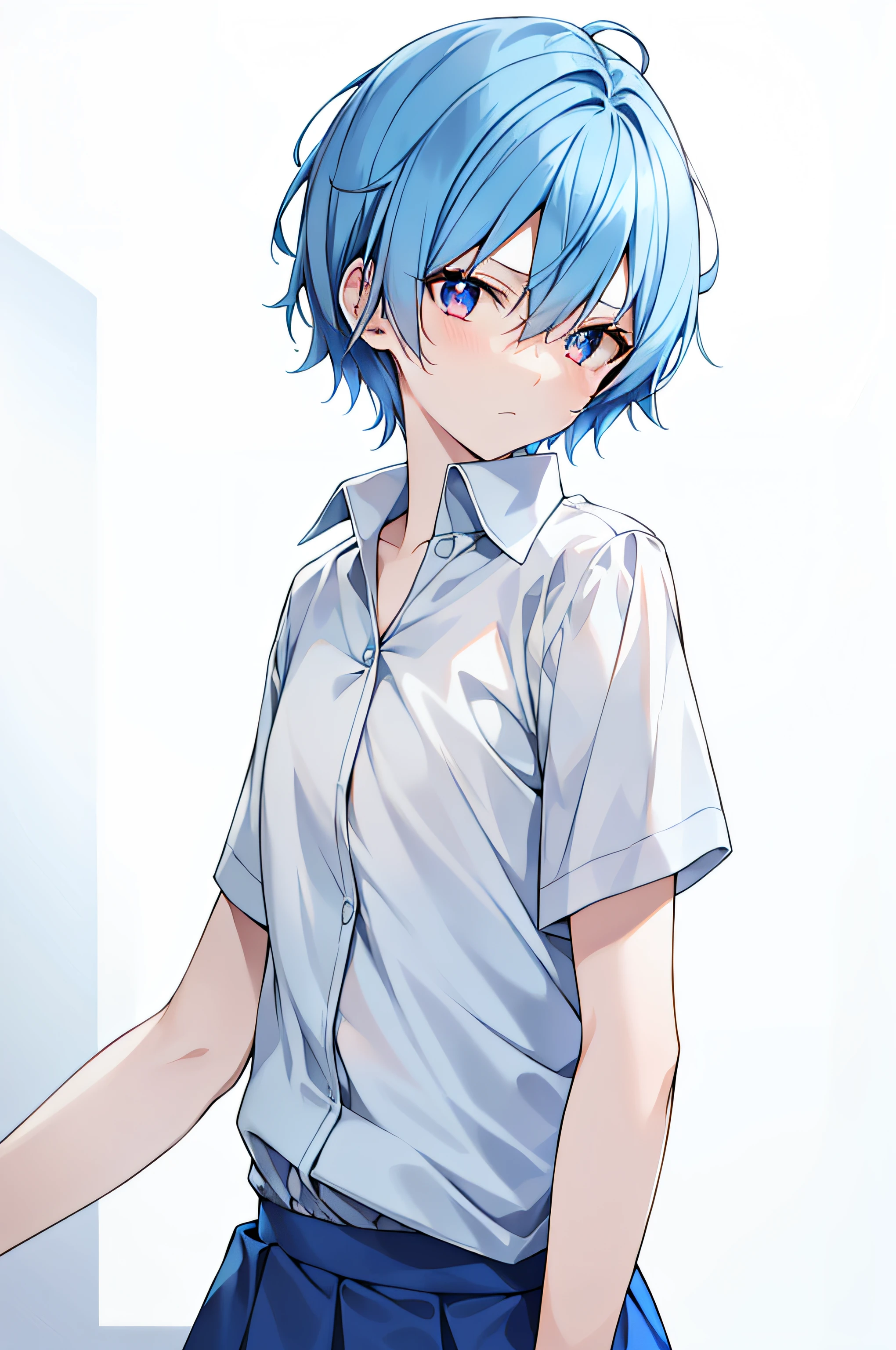 Short light blue hair，short detailed hair，red pupils，Short blue skirt，Handsome，Sharp eyes，Cold，Thin，Blue and white style，quadratic element，light blues，white short sleeve，Light shades，Poor milk