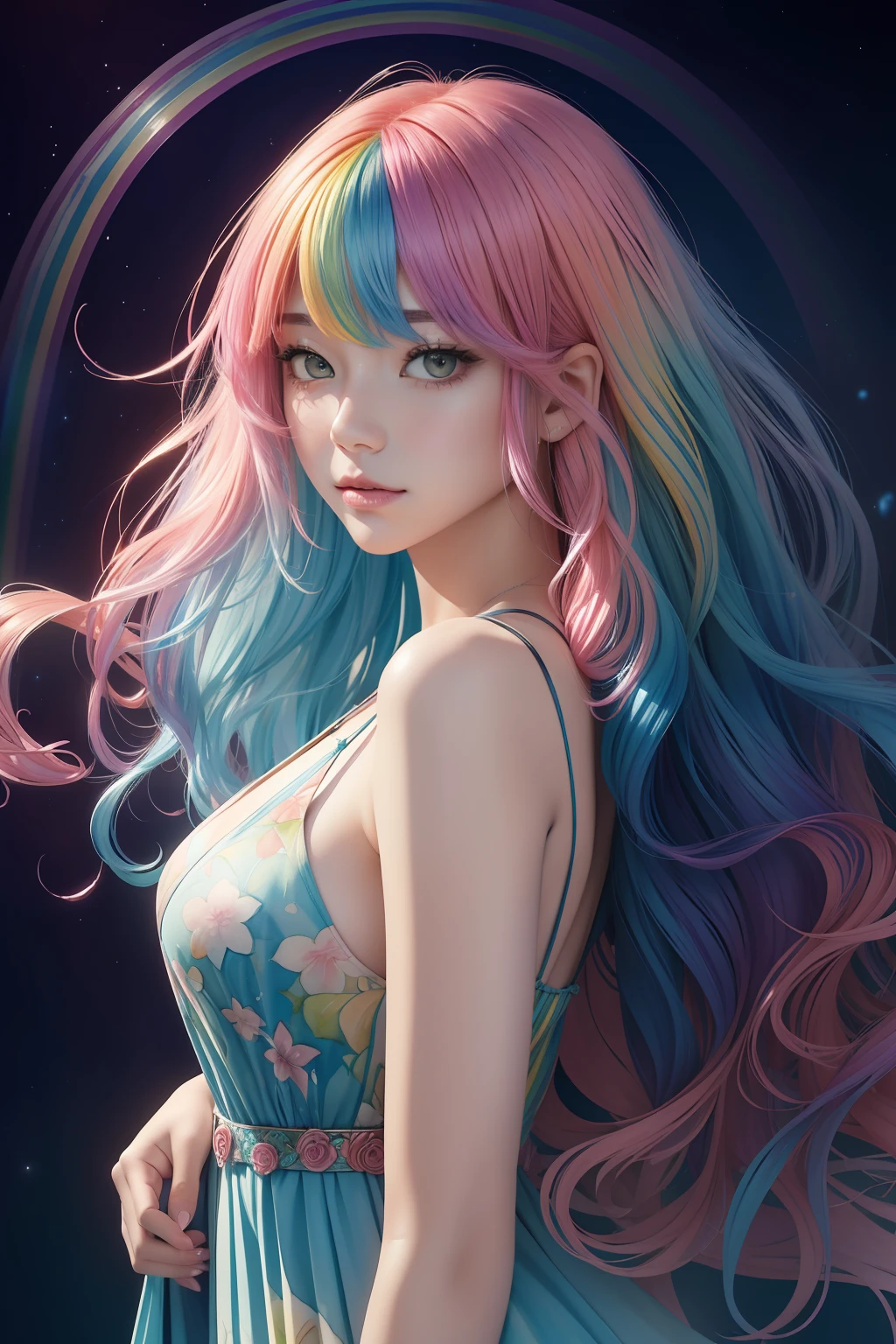 (​masterpiece、top-quality、top-quality、watercolor paiting(Curly)、Official art、Beautifully Aesthetic:1.2)、(1girl in:1.3)、(Fractal Art:1.3)、The upper part of the body、from the front side、looking at the viewers、patterns、(rainbow-colored hair、colourful hair、Half blue and half pink hair:1.2)、Eau、liquids、​​clouds、colourfull、starrysky、stele、Elegant dress