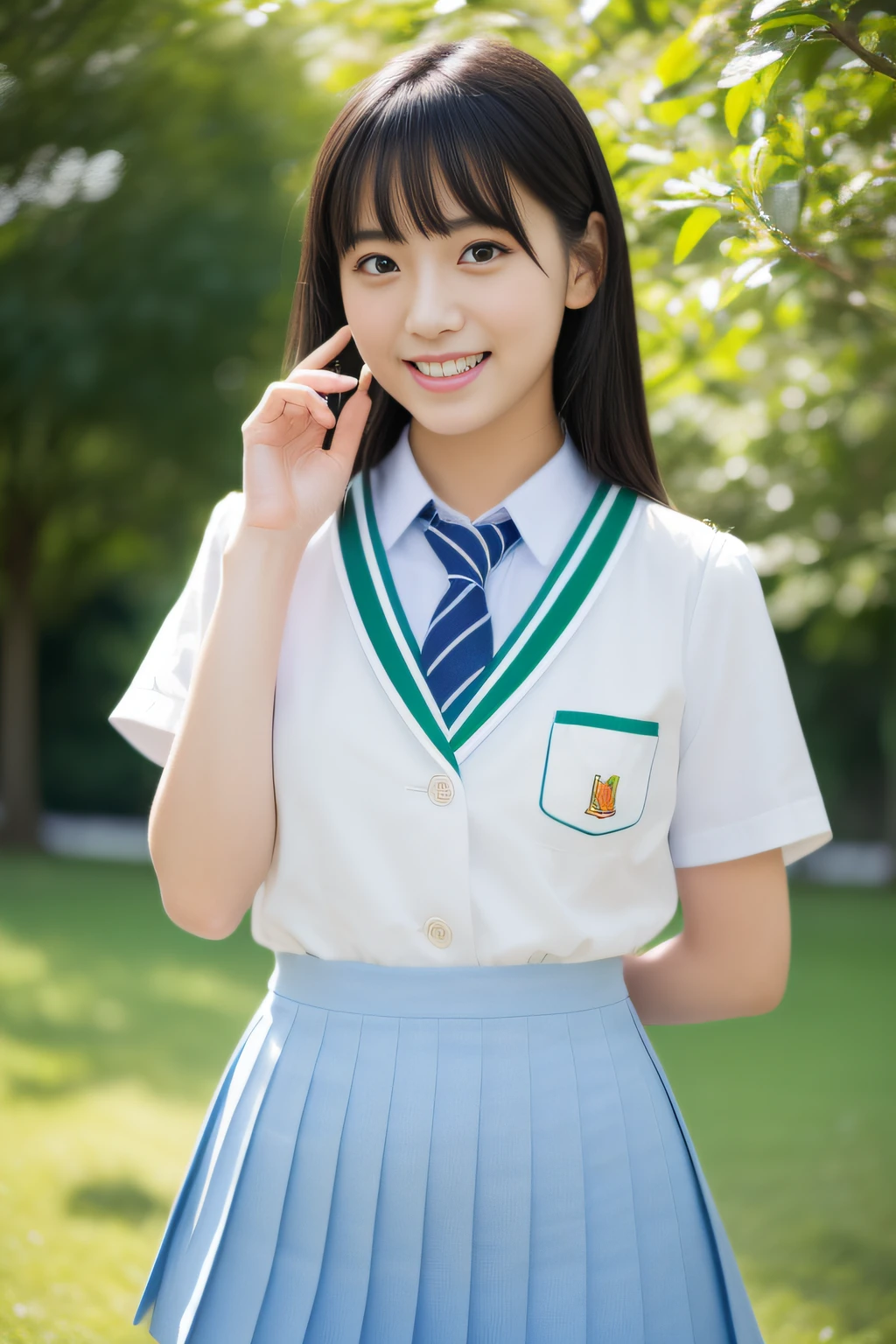 (masterpiece、top-quality、high-level image quality、ultra res,8K), (Raw foto:1.2), (Photorealsitic:1.4), (beautiful a girl,Sexy actress,japanes、cute little), Clear black eyes, Beautiful black hair, Innocent,Unclear , sexypose, (perfect anatomia、Perfect and beautiful limbs) , ((Japanese girls' high school uniform、Summer Uniforms、Well-groomed、Sense of cleanliness)),a smile , Great healthy body, Colossal tits、finely detail,a park,Tasteful, Sunlight、Professional lighting for movies、((dynamicposes)))、(Girl Stand)、Professional Movie Lighting,(Artistic photography)、(Green world)、