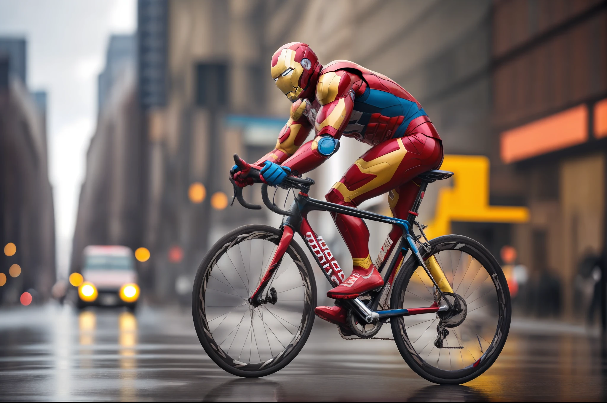 Ironman sitting on the bike, newyork street,tunders,rain,dark sky,water on raids,runng people on the side ways of roads --auto --s2