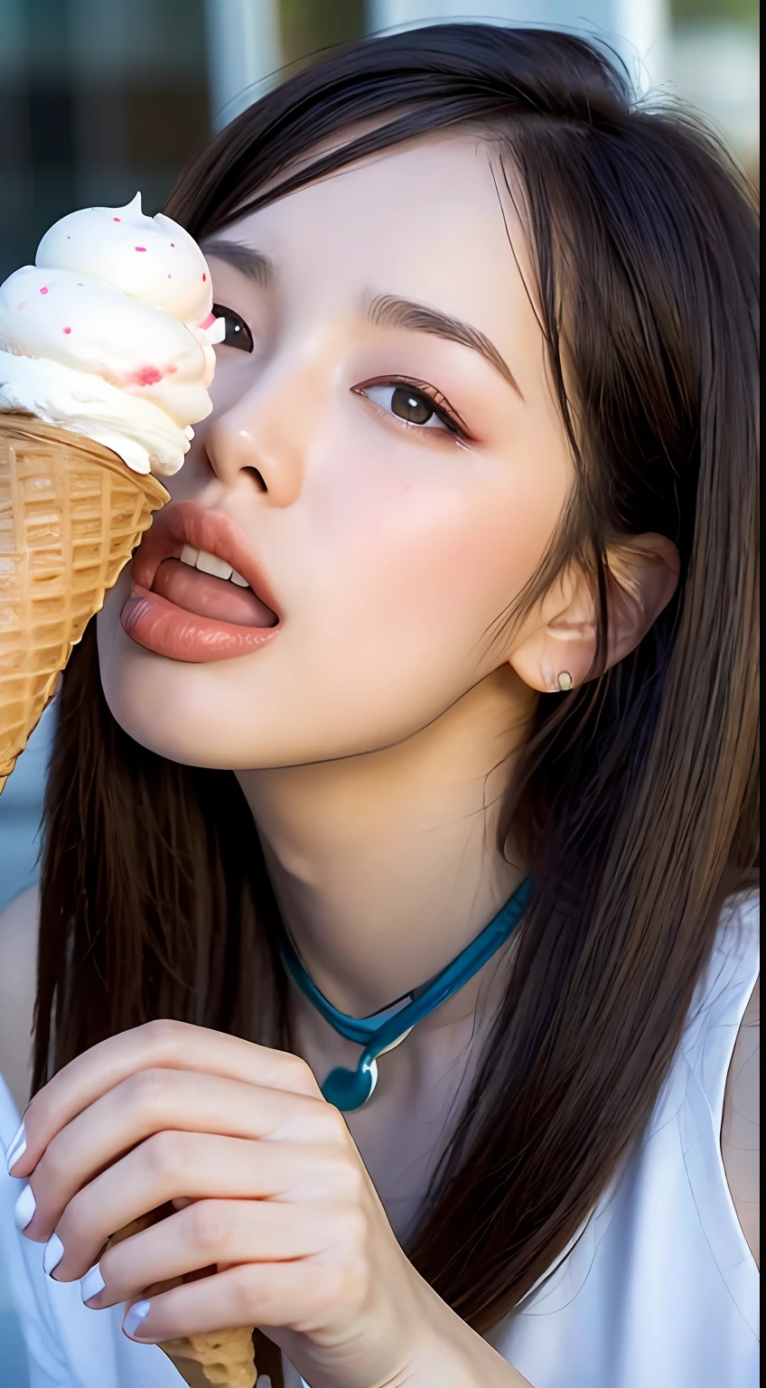 Betty Page woman licking [coarse  and ice cream cone: soft serve ice cream], tongue sticking out, [giving oral sex: eating ice cream], [holding  in hand, holding ice cream cone: holding soft serve ice cream in hand], [ice cream : soft serve ice cream in hand], side view, (waiting tongue: 0.6), (ALATSuckFace: 0.5), [giving  and licking soft serving ice cream: licking soft serving ice cream], three scoops soft serving, high ice cream, close-up, POV, messy ice cream, multiscoops of ice cream, (LOP:1.2), [povblowjob3v3:  position], (waffle cone: 1.0), collar, sexy tongue,