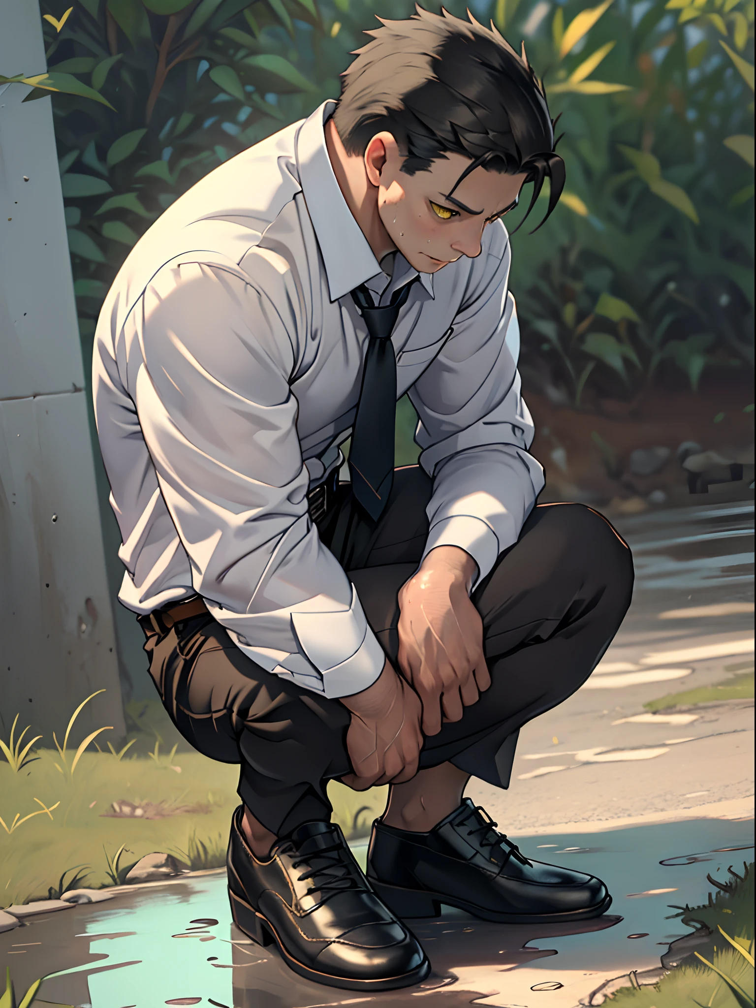 A3R1, Hector Fey ,Multi-view upper body, Suit pants view,legs separated,A3R1,pissing,Pee yourself,His own urine ran down his thighs,perfect male figure, Aerith Gainsborough ,The suit trousers are wet,Urine running down the leg of the trousers,Yellow eyes,Half squat,legs separated,Can't hold back urine,wants to pee,Wear a tie,wearing leather belt,Long Sleeve White Shirt,(The shirt is soaked),Black hair short hair,perspire,Black suit trousers,dress shoes,Nervously bow your head,is shy,embarressed,exhilarated,is shocked,panicking,worry,exteriors,On dry ground, A small puddle of his own urine formed around his feet,half squatting,Very eager to pee,Unbearable,Can't hold back to urinate,Urine flows from the crotch to the leg,incontinence,It's uncomfortable,Very anxious,Sweat runs from the crotch,Wet yourself,urinating,high detal,hentail realism,ultra-realistic realism,three sided view, A masterpiece of careful planning,A high resolution, hyper HD ,anatomy correct,super detailing,best qualtiy,A high resolution,8K