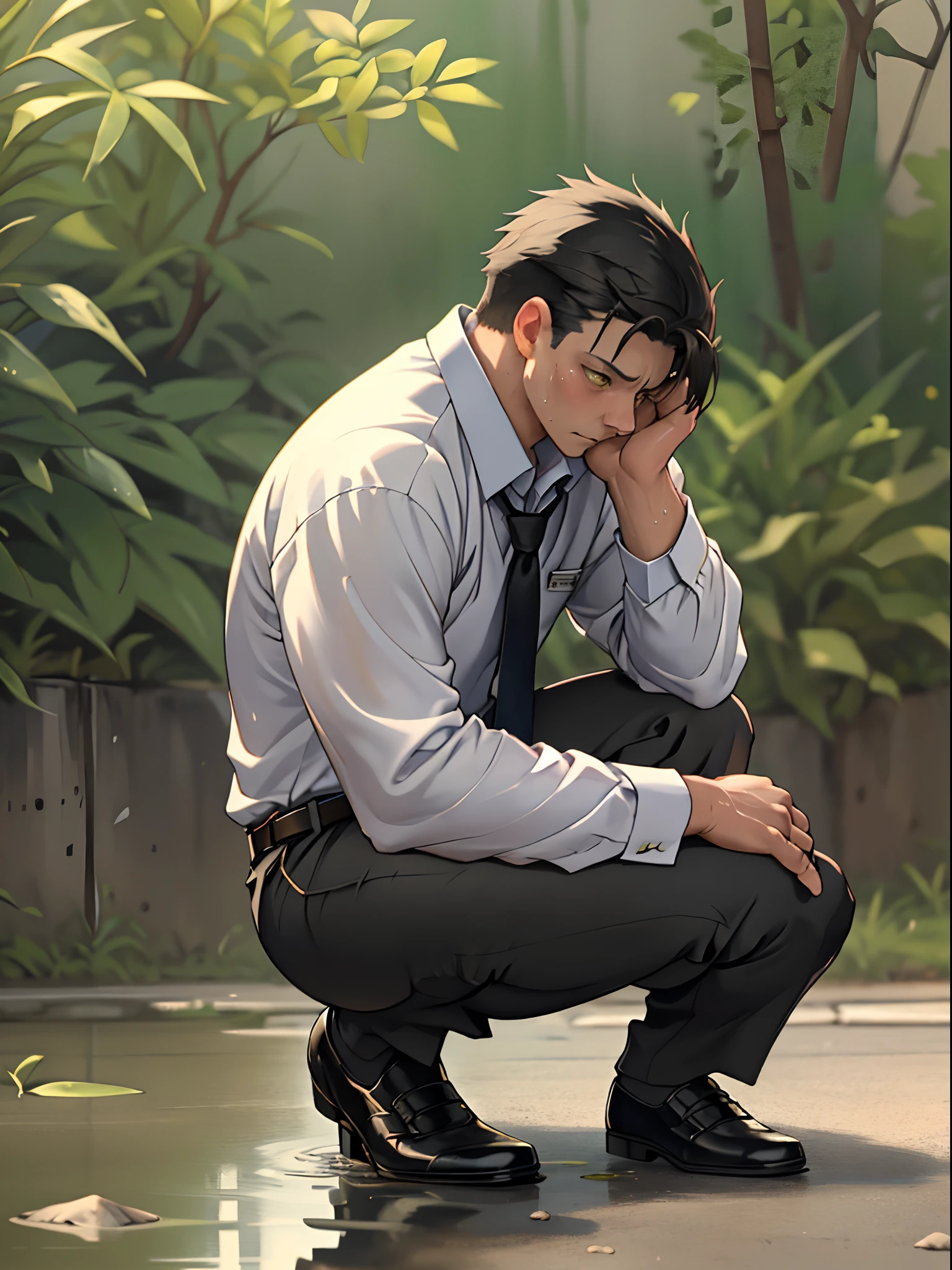 A3R1, Hector Fey ,Multi-view upper body, Suit pants view,legs separated,A3R1,pissing,Pee yourself,His own urine ran down his thighs,perfect male figure, Aerith Gainsborough ,The suit trousers are wet,Urine running down the leg of the trousers,Yellow eyes,Half squat,legs separated,Can't hold back urine,wants to pee,Wear a tie,wearing leather belt,Long Sleeve White Shirt,(The shirt is soaked),Black hair short hair,perspire,Black suit trousers,dress shoes,Nervously bow your head,is shy,embarressed,exhilarated,is shocked,panicking,worry,exteriors,On dry ground, A small puddle of his own urine formed around his feet,half squatting,Very eager to pee,Unbearable,Can't hold back to urinate,Urine flows from the crotch to the leg,incontinence,It's uncomfortable,Very anxious,Sweat runs from the crotch,Wet yourself,urinating,high detal,hentail realism,ultra-realistic realism,three sided view, A masterpiece of careful planning,A high resolution, hyper HD ,anatomy correct,super detailing,best qualtiy,A high resolution,8K