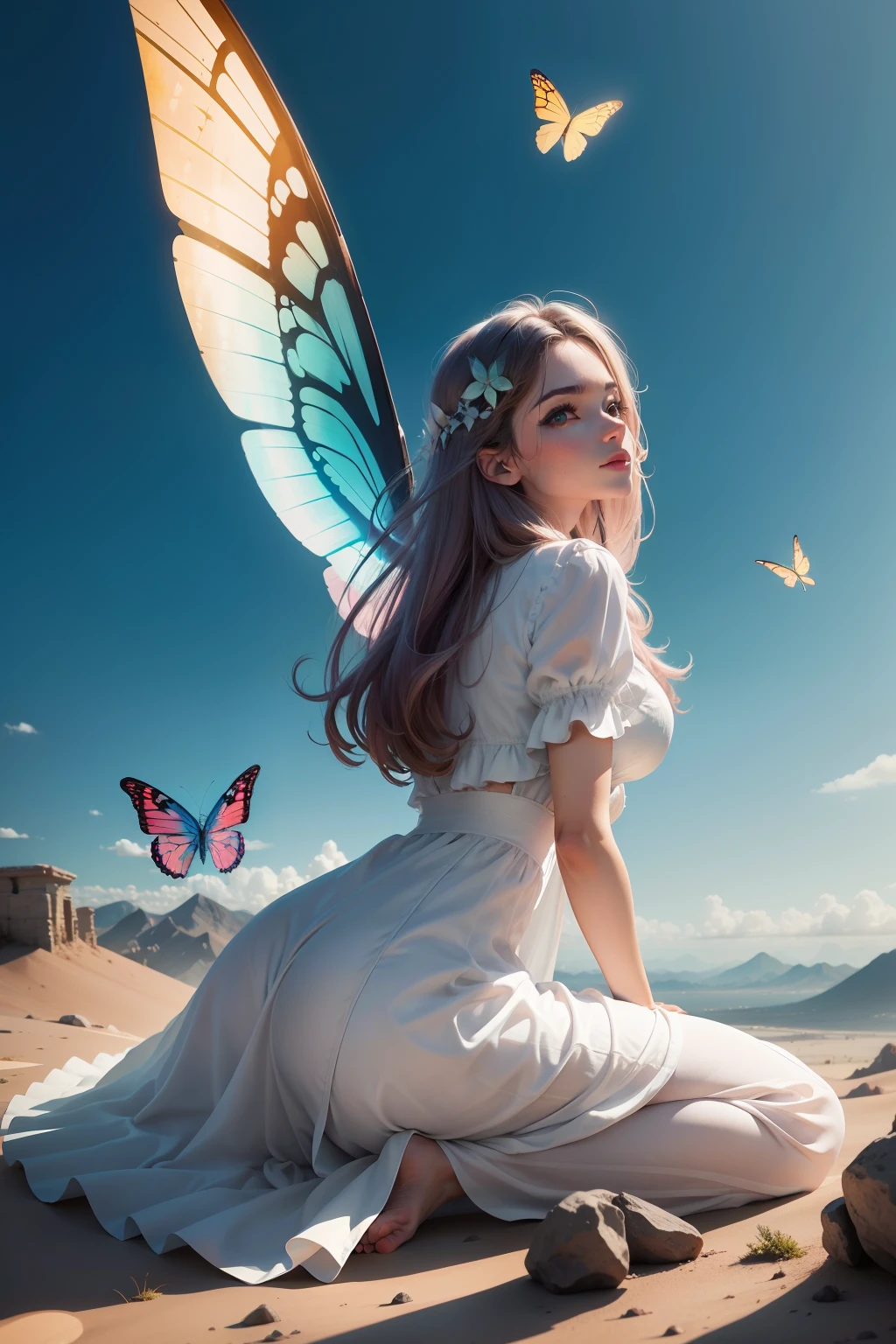 Claro, here is a prompt for DALL-E:

A person with wings flying among butterflies on a mountain in the sky.

The image should show a person with wings flying among butterflies on a mountain in the sky. A pessoa deve ser feliz e sorridente, e as borboletas devem ser coloridas e vibrantes. A montanha deve ser alta e majestosa, and the sky should be blue and clear. A imagem deve ser inspiradora e edificante, and it must convey a sense of freedom and hope.

Here are some additional tips for creating a successful image with DALL-E:

Be specific in your instructions. The more specific you are, more likely is that DALL-E will generate an image that meets your expectations.
Use palavras-chave visuais. Em vez de simplesmente dizer "uma pessoa", diga "uma mulher com cabelos longos e um vestido branco". This will help DALL-E better understand what you're looking for.
Use reference images. If you have a specific image in mind, can send DALL-E as a reference. This will help DALL-E generate an image that is more similar to your reference.
Seja paciente. DALL-E pode levar algum tempo para gerar uma imagem, especialmente se for uma imagem complexa. Be patient and DALL-E will eventually generate an image you'll love.