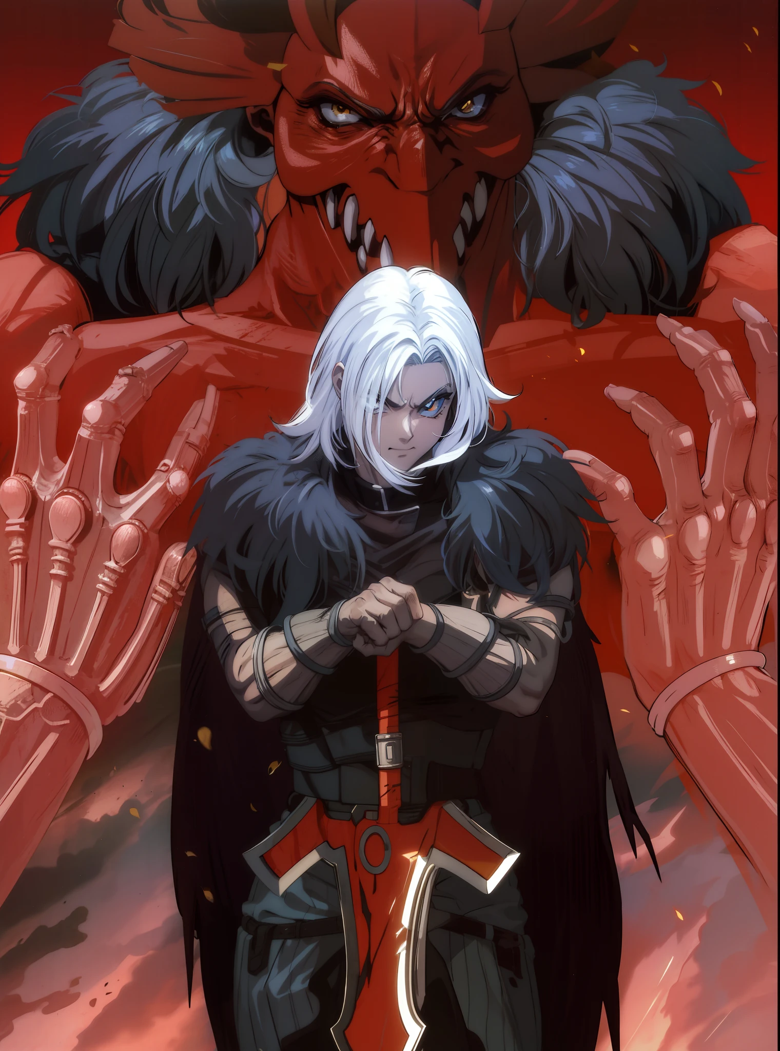 homen ,cavaleiro , cabelos brancos,pele marrom ,olhos amarelos, Giant demon